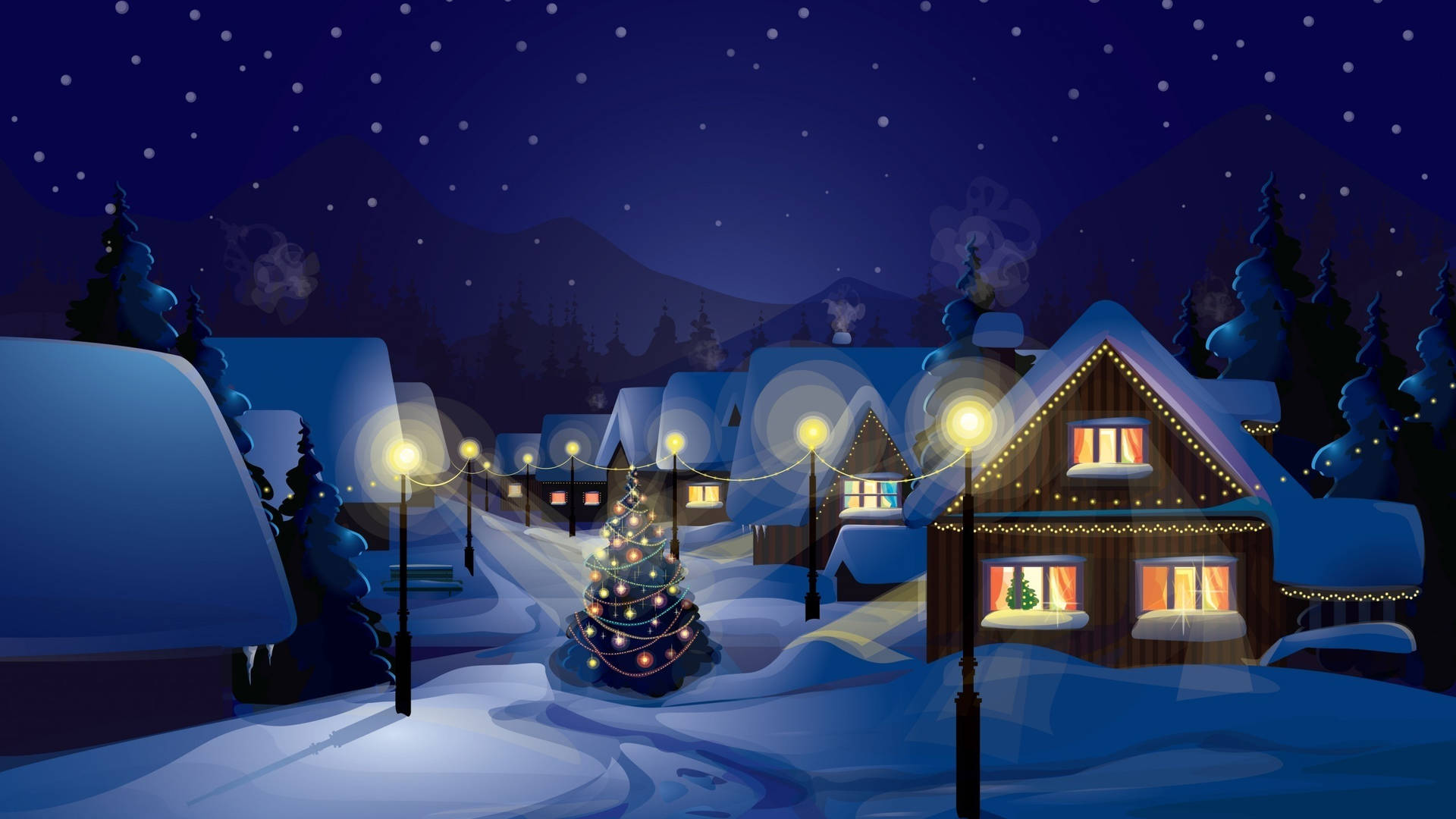 Christmas Village At Night With Christmas Tree And Lights Background