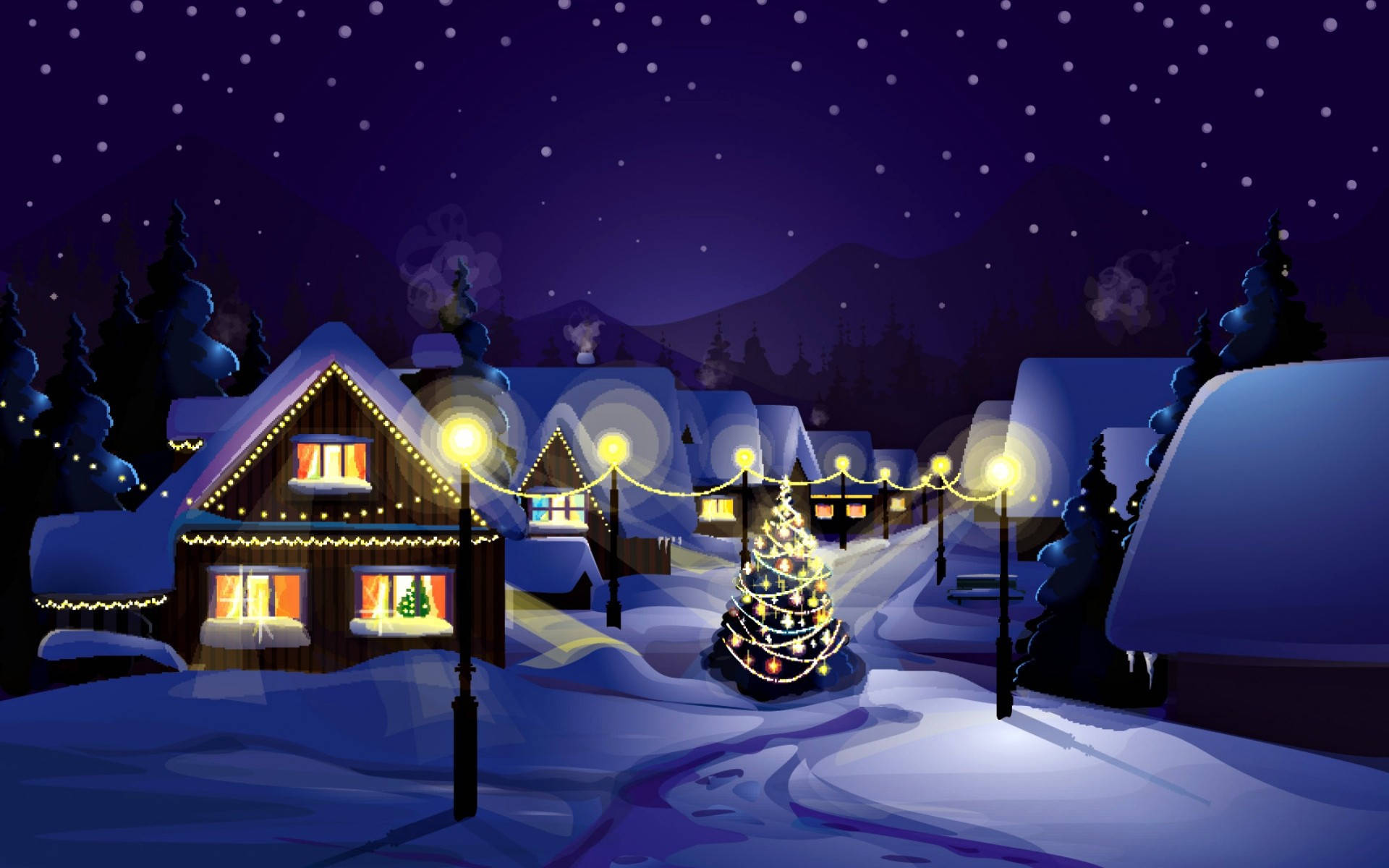 Christmas Widescreen Snow Village Art Background