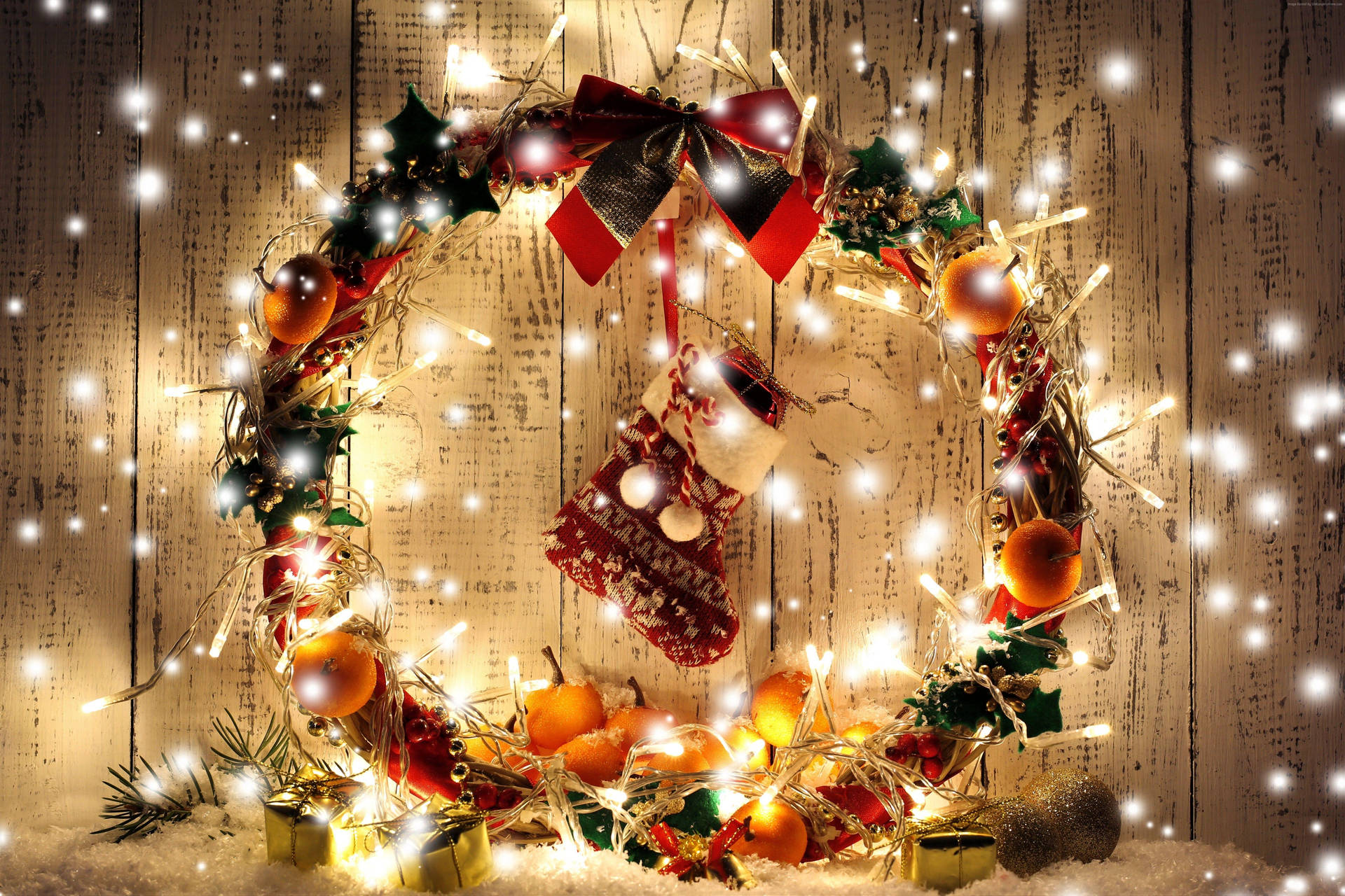 Christmas Wreath And Santa Sock Background