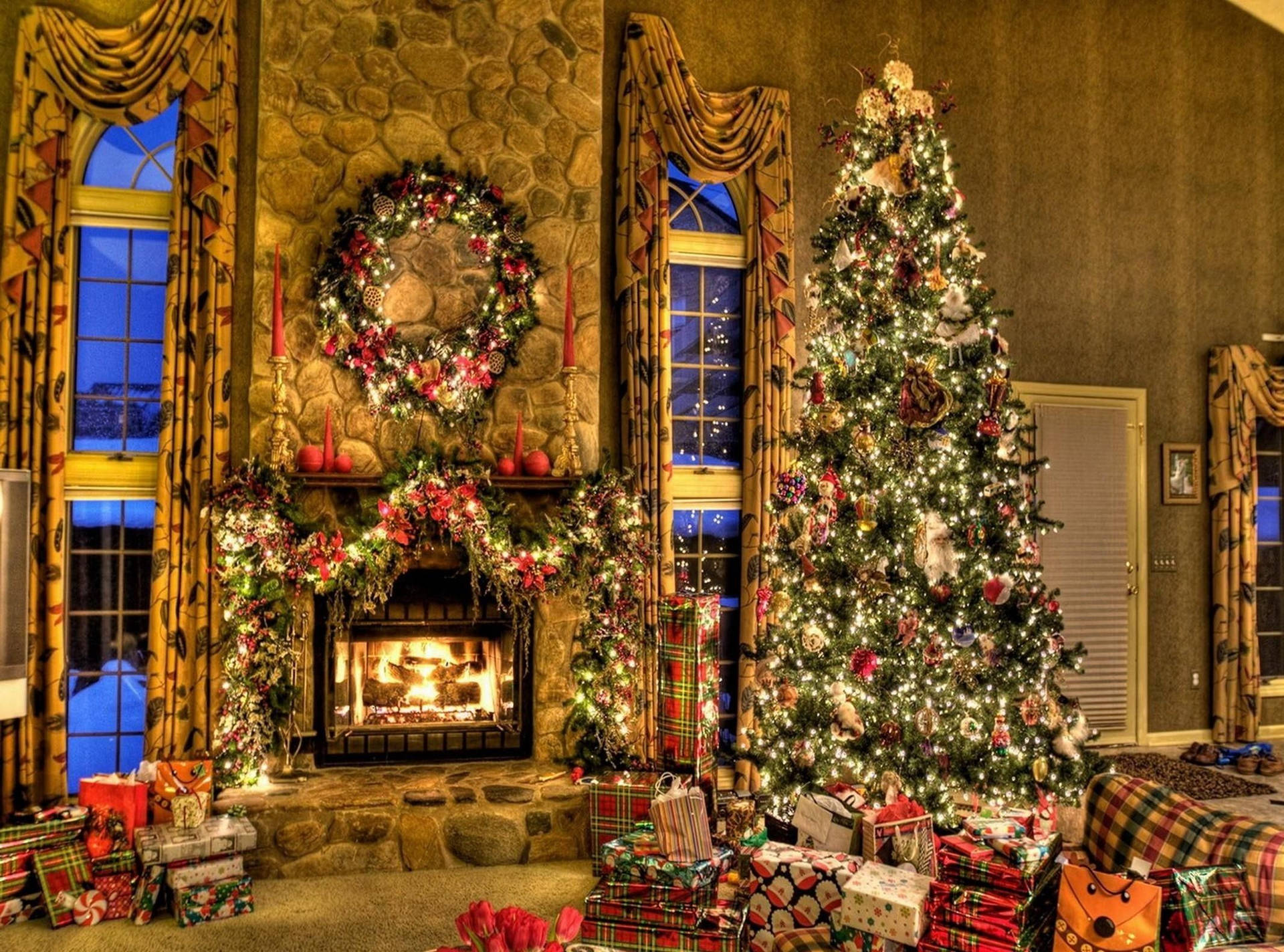 Christmas Wreath On Fireplace Background