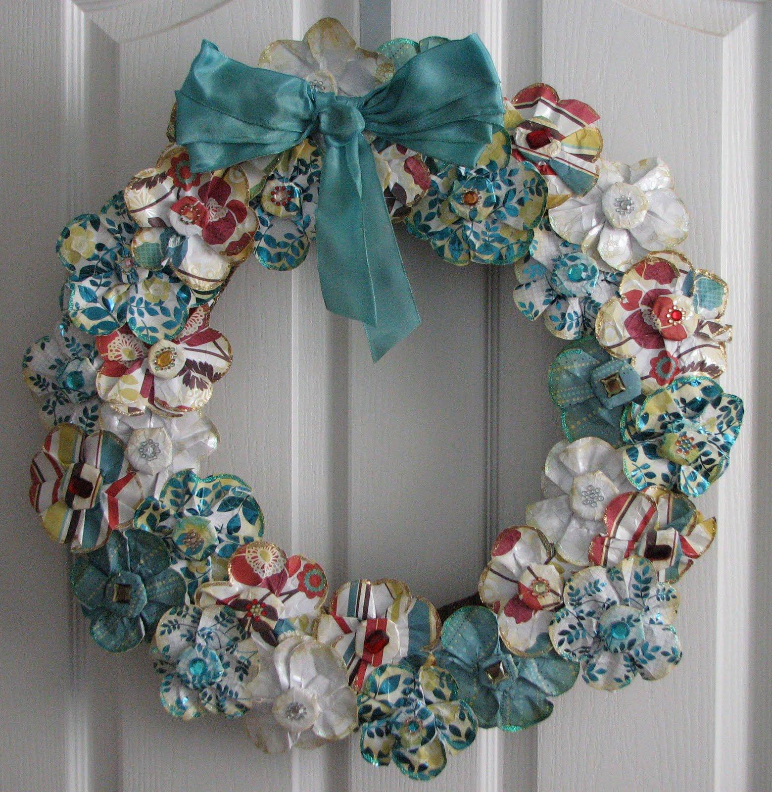 Christmas Wreath With Blue Ribbon Background