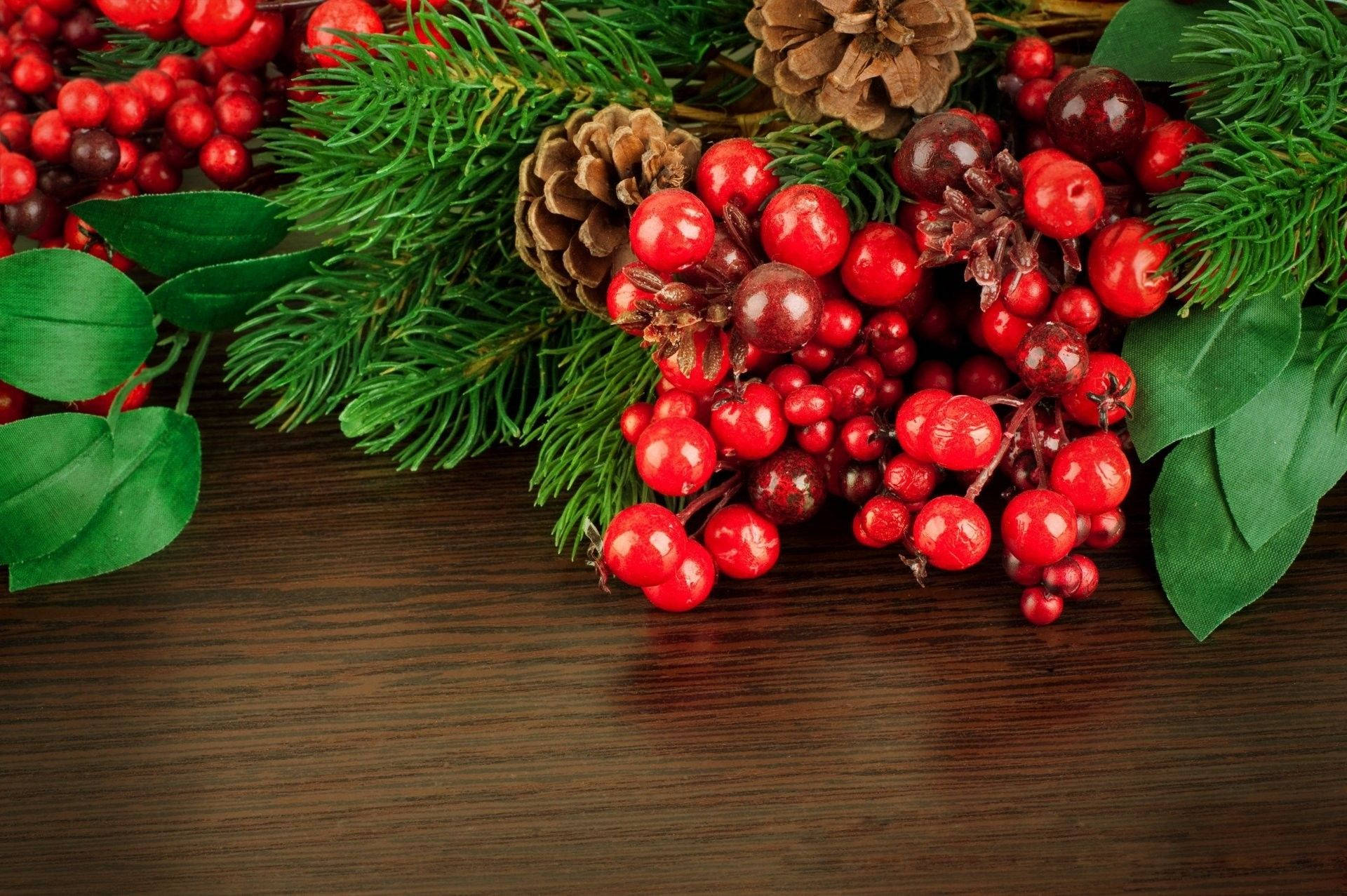 Christmas Wreath With Cluster Of Cherries Background