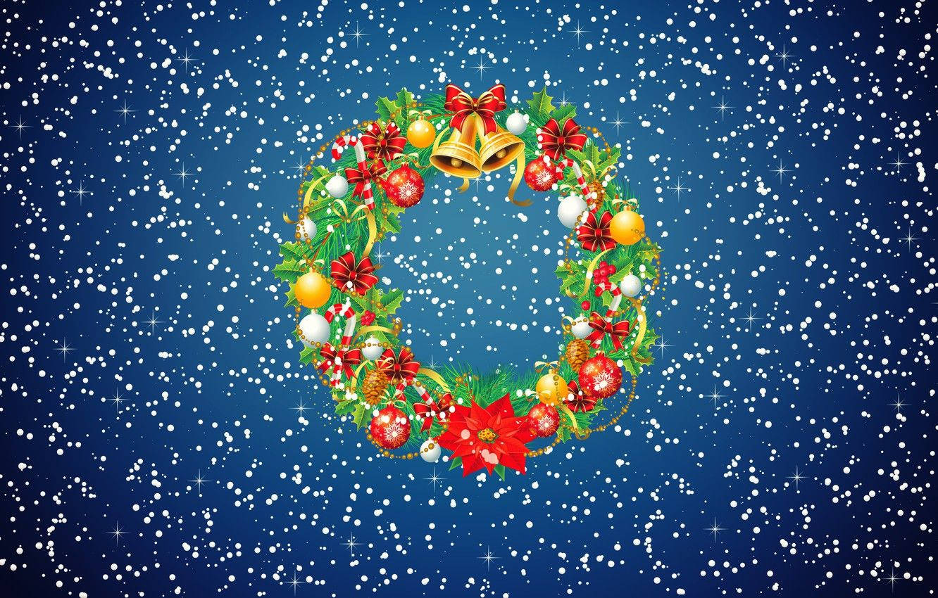 Christmas Wreath With Golden Bells Background