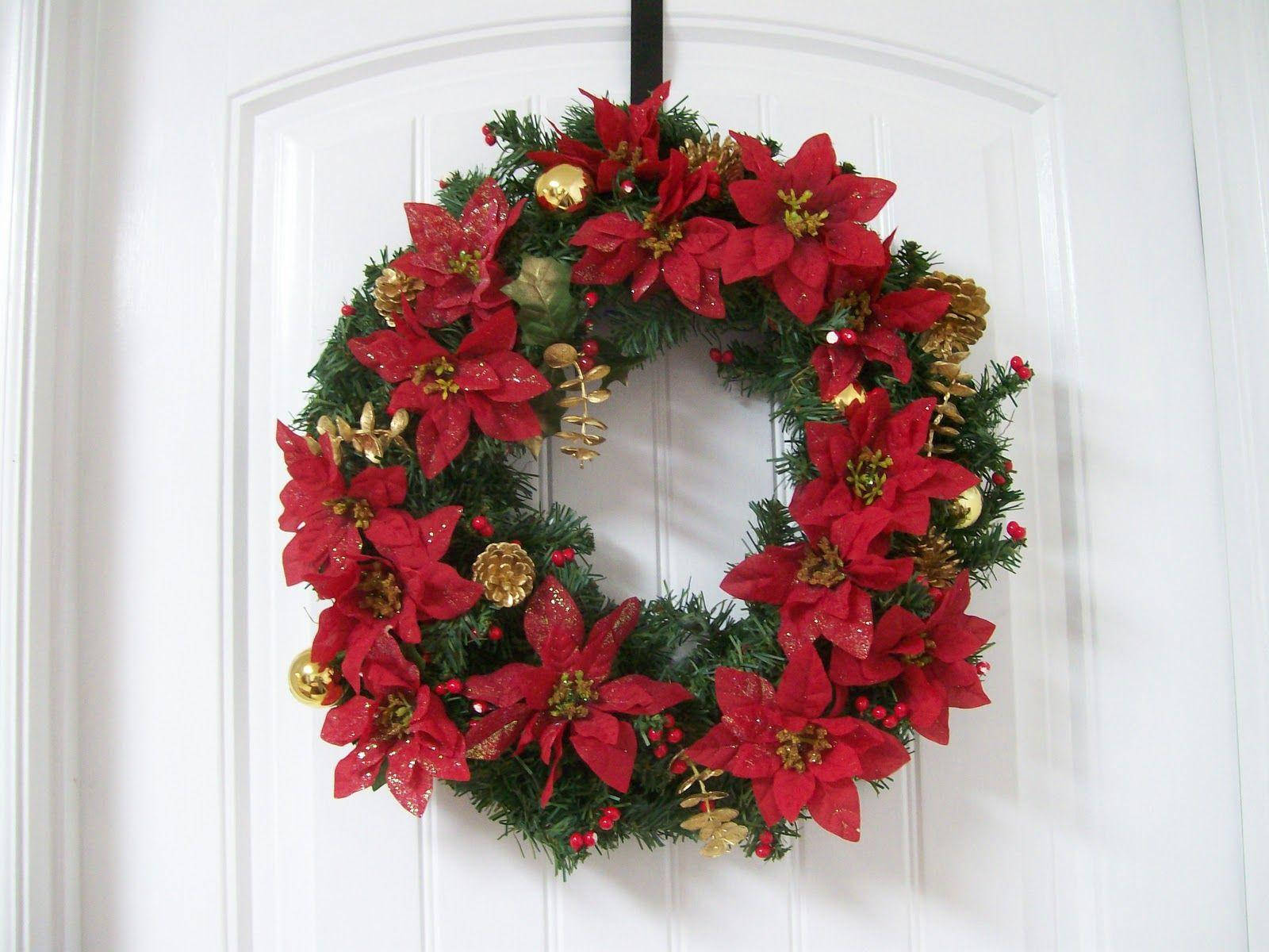 Christmas Wreath With Poinsettia Background