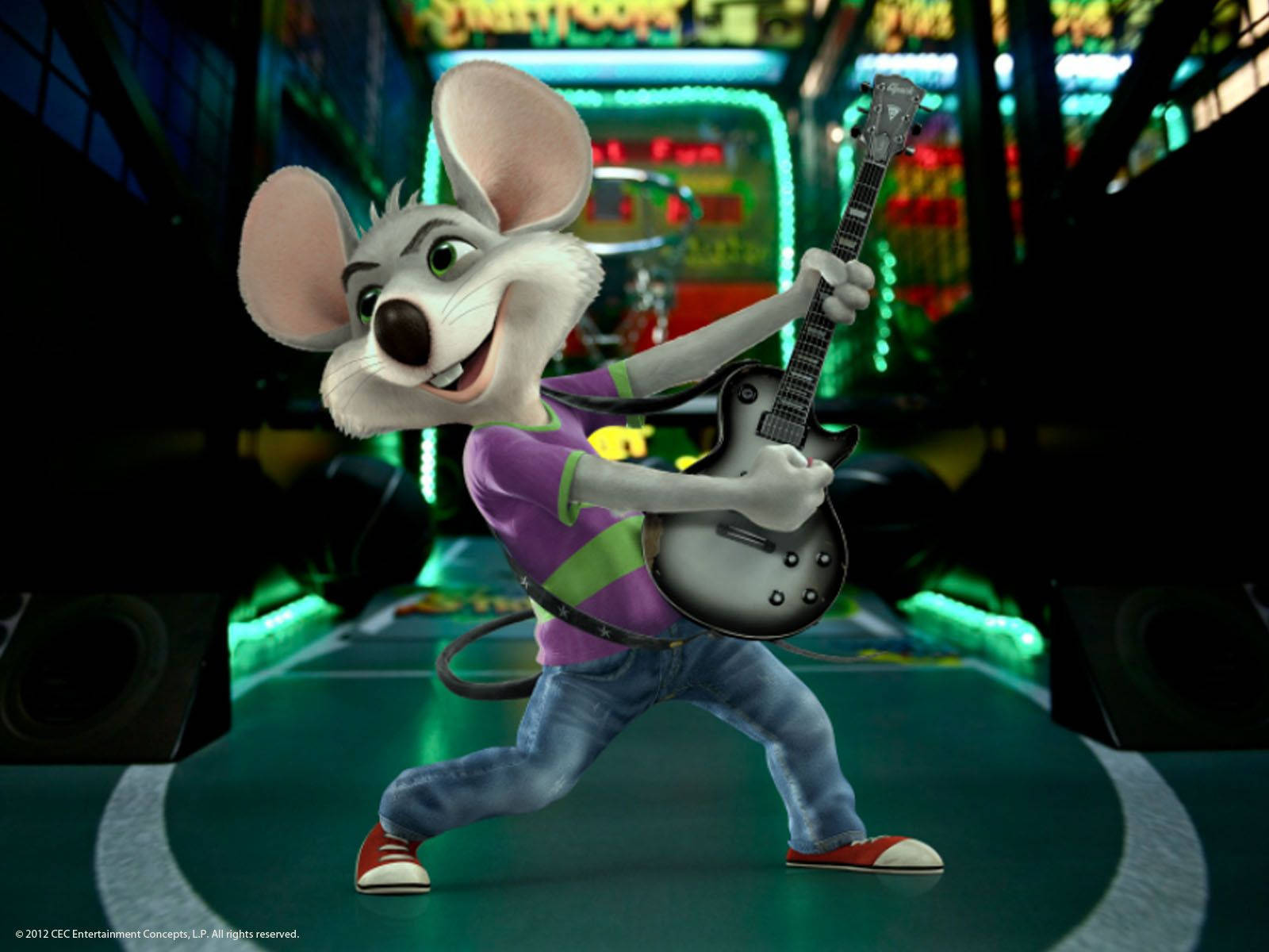 Chuck E Cheese Character With Guitar Background