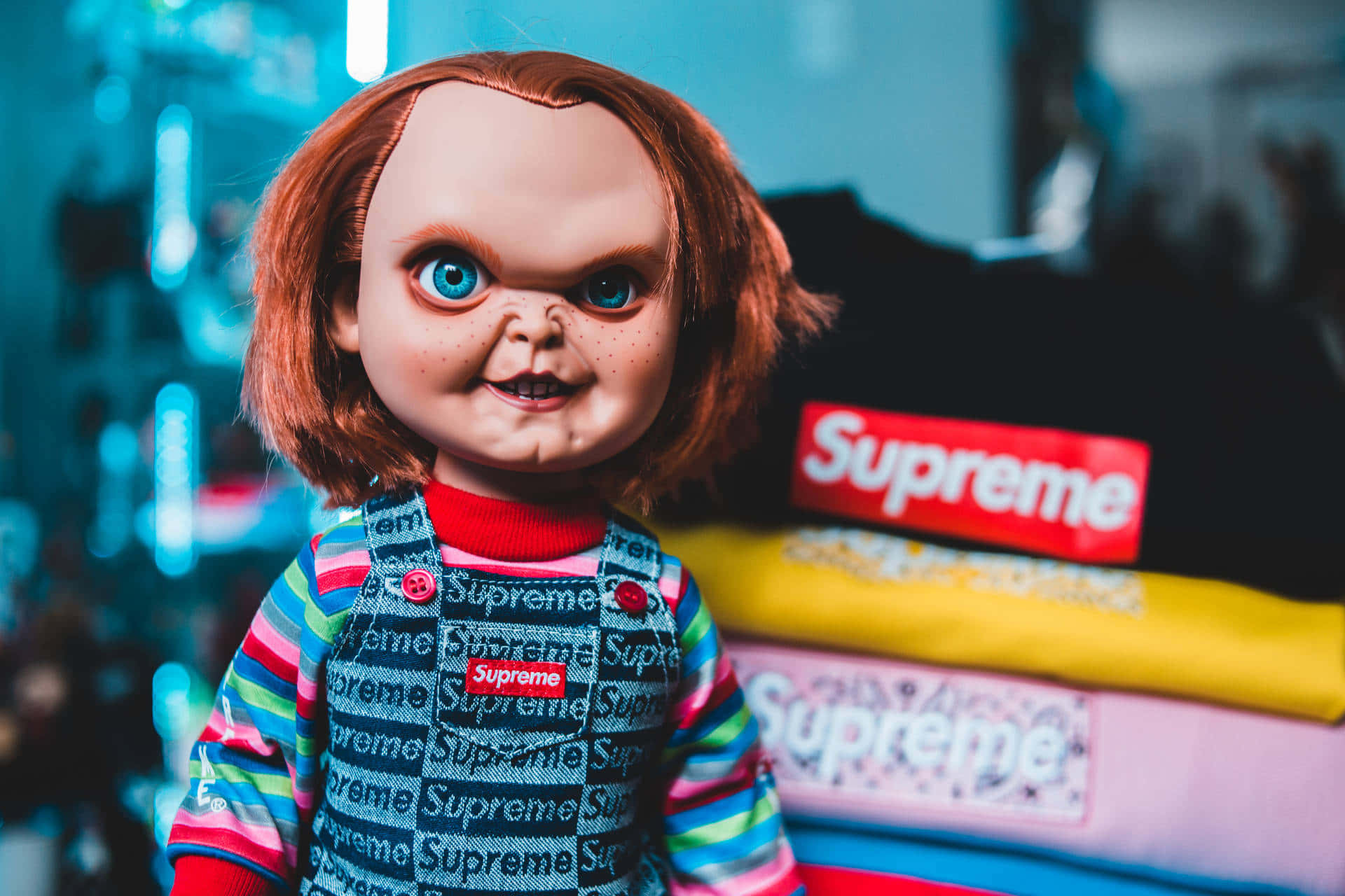 Chucky Doll In Supreme Overalls Background