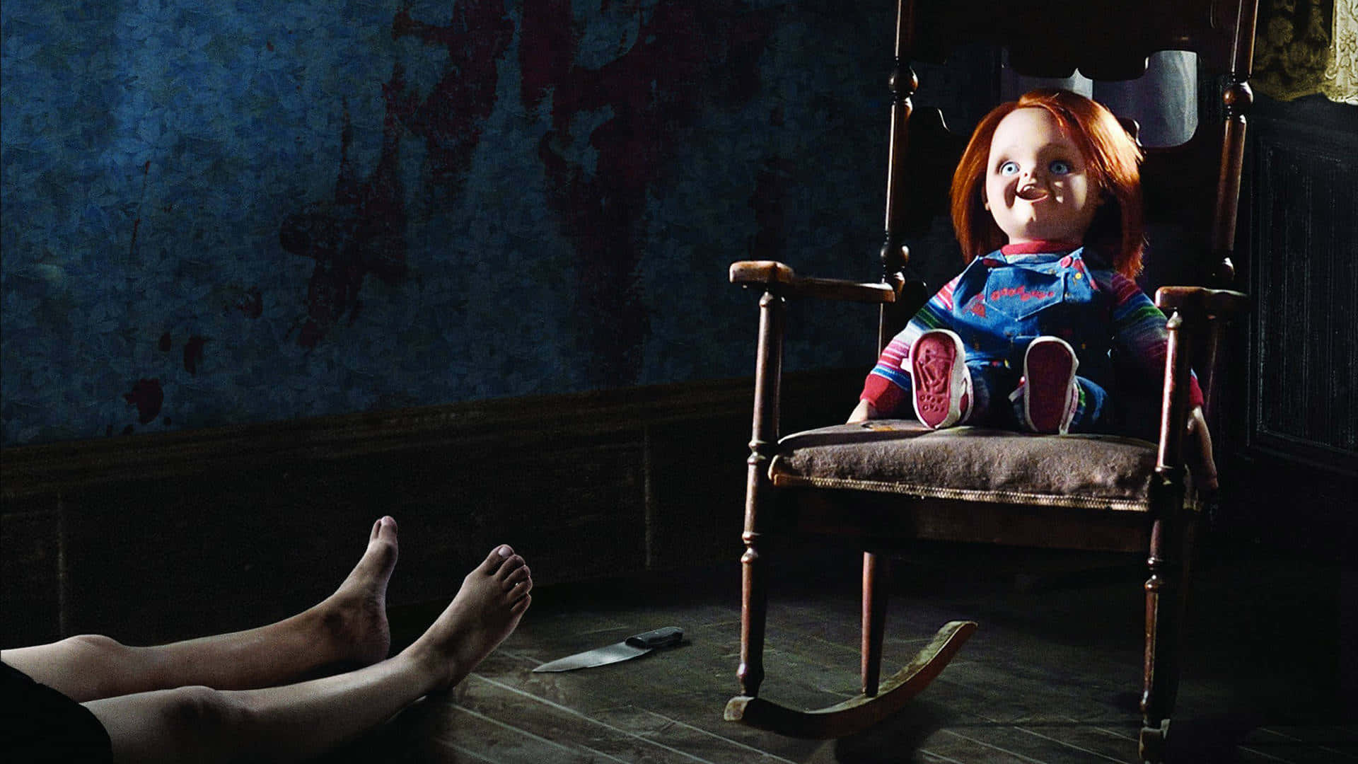 Chucky Doll On A Rocking Chair Background