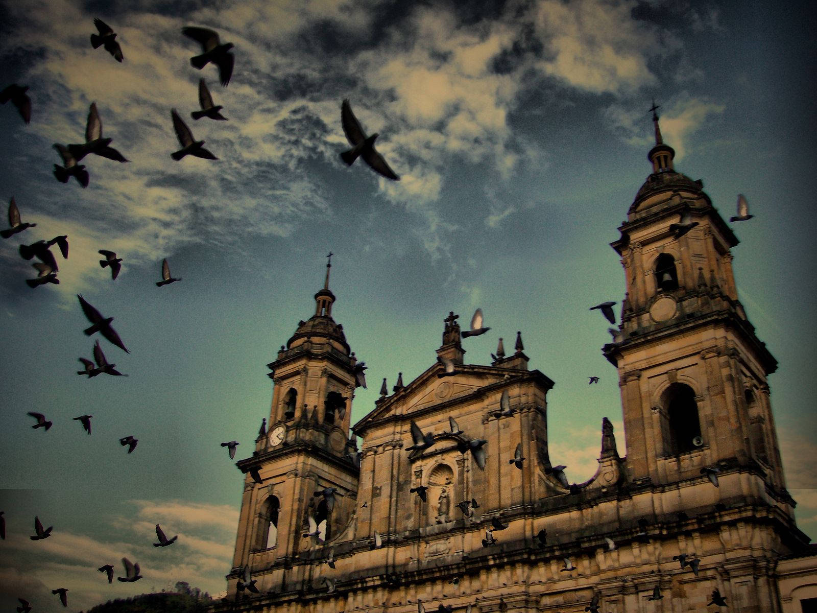 Church In Bogota With Pigeons