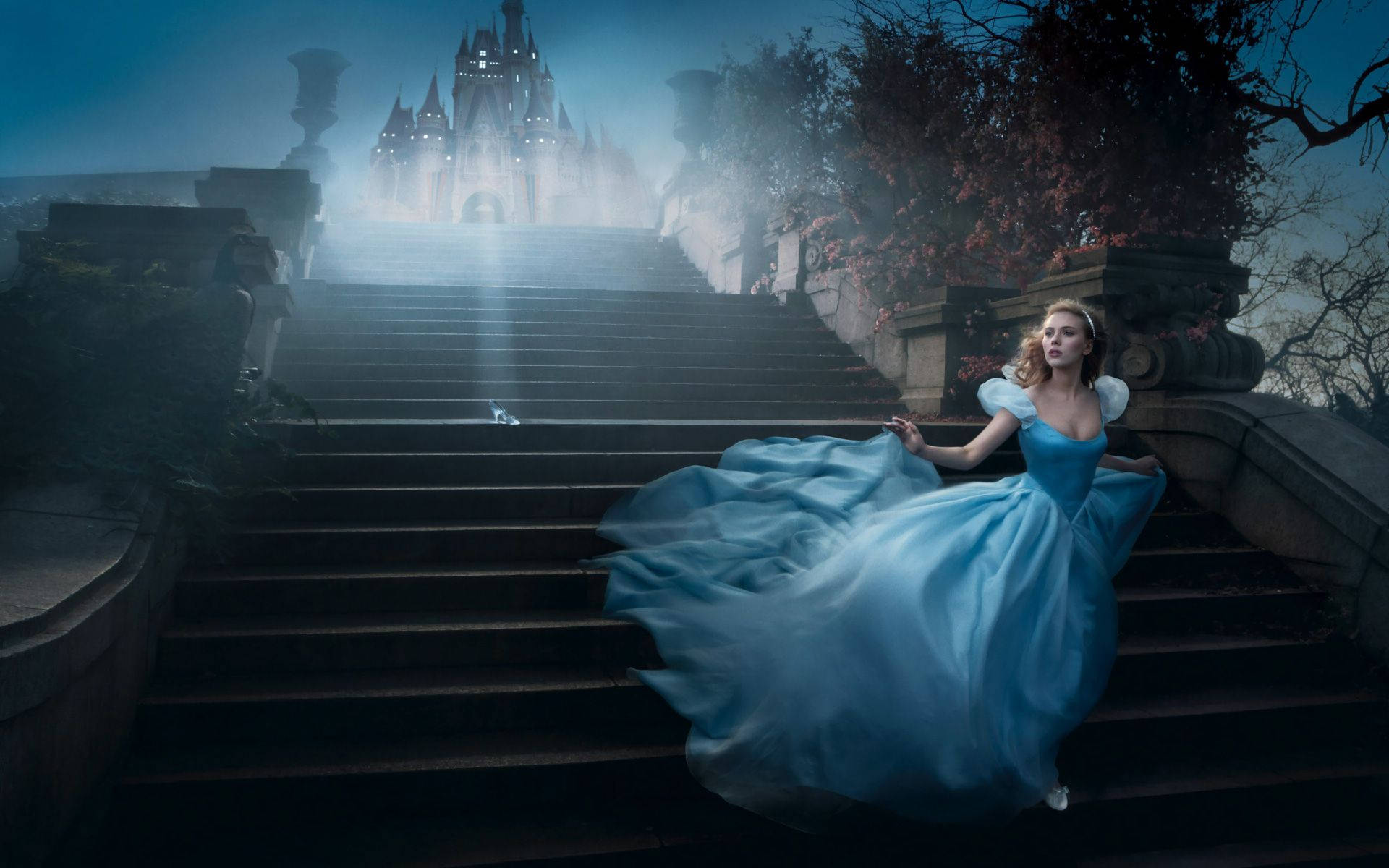 Cinderella In A Blue Dress On The Steps Background