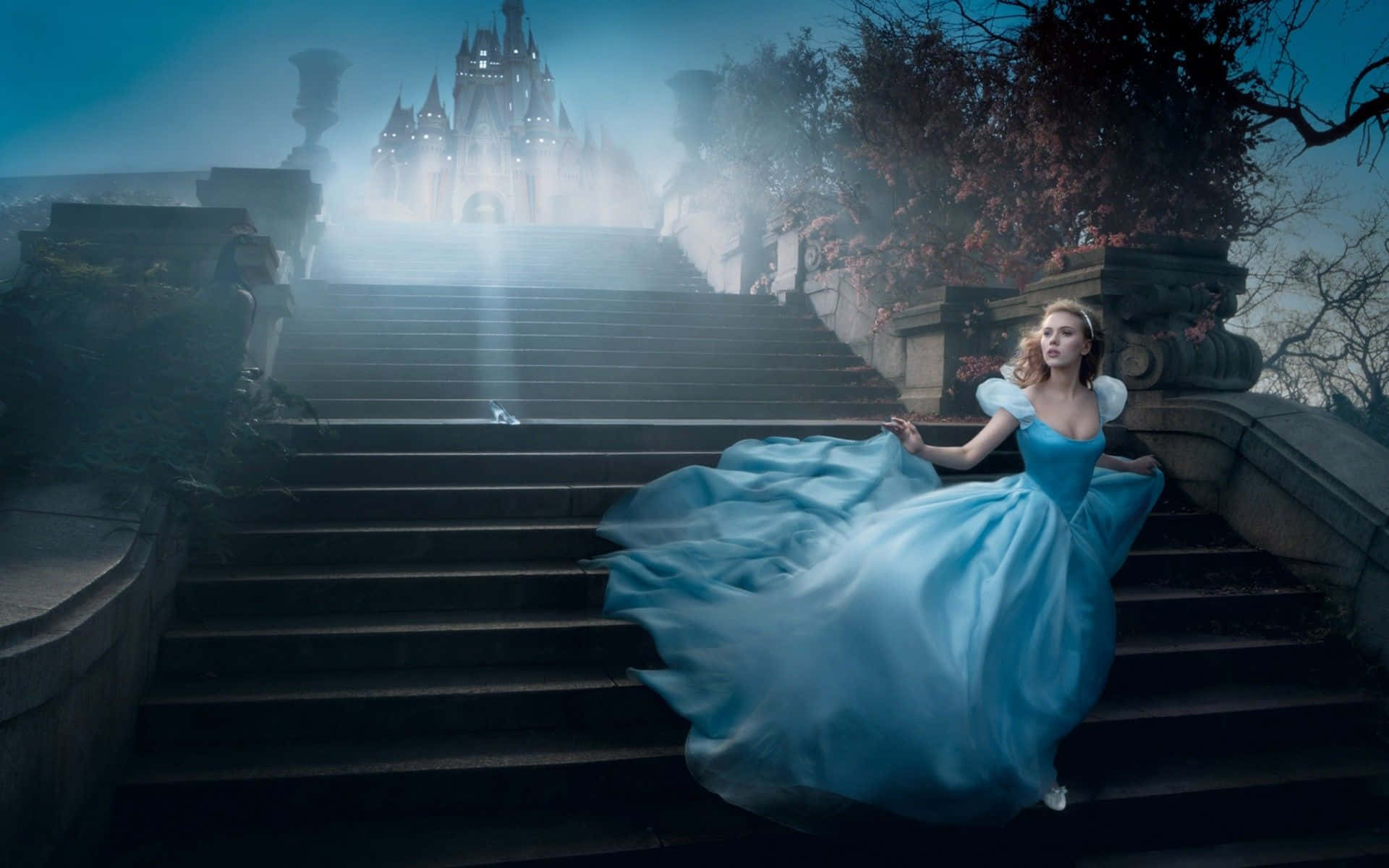 Cinderella In Blue Dress On Stairs Background