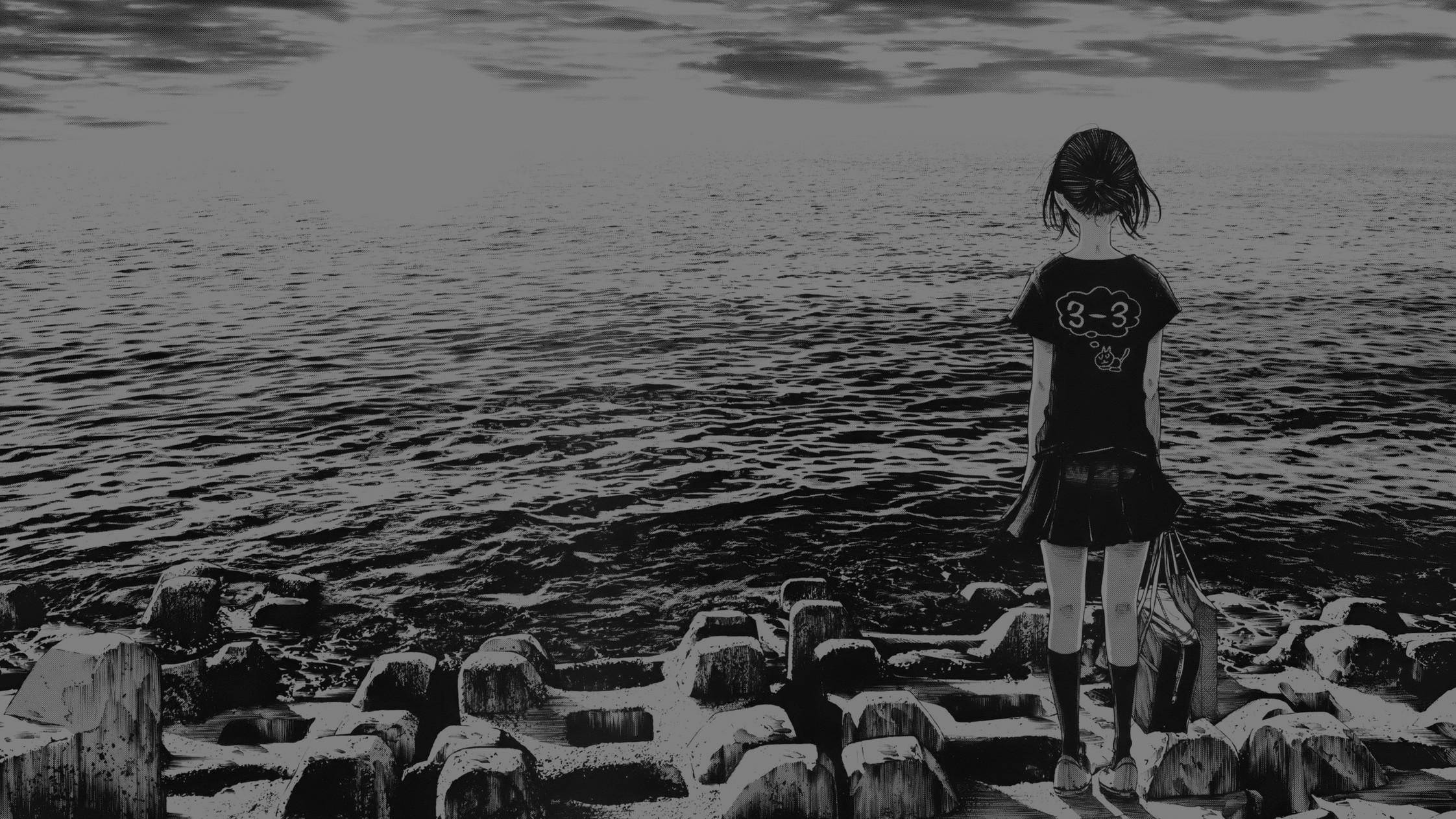 Cinematic Sad Anime Girl Black And White Desktop Background