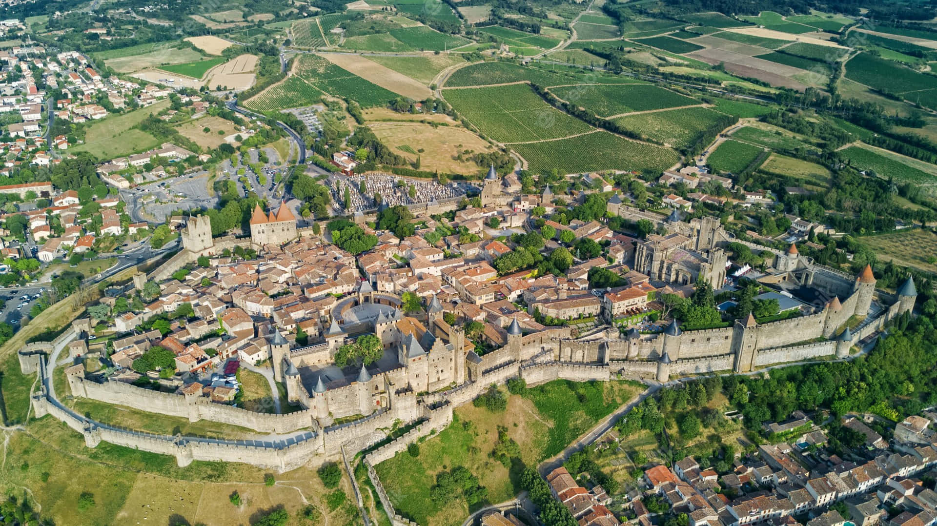 Cite De Carcassonne In France Aerial Shot Background