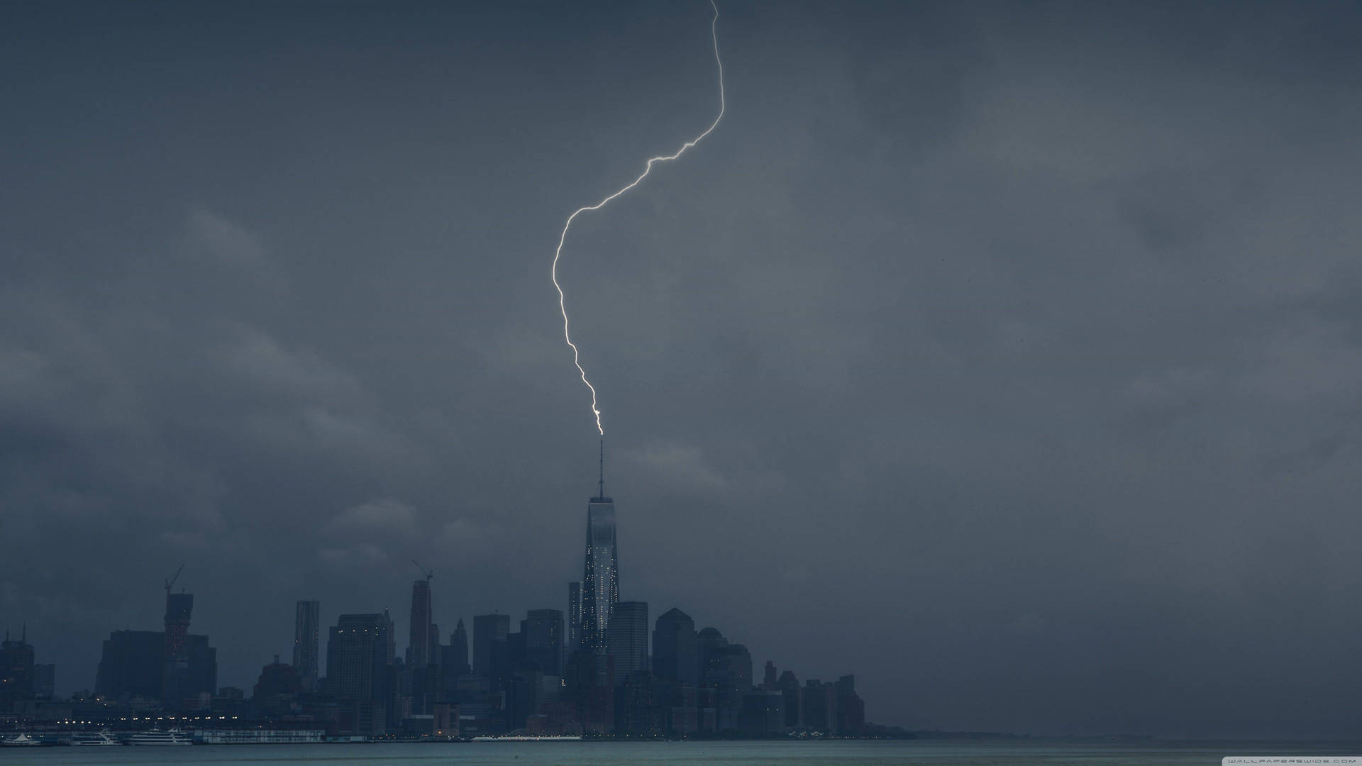 City Buildings Struck By Lightning Background