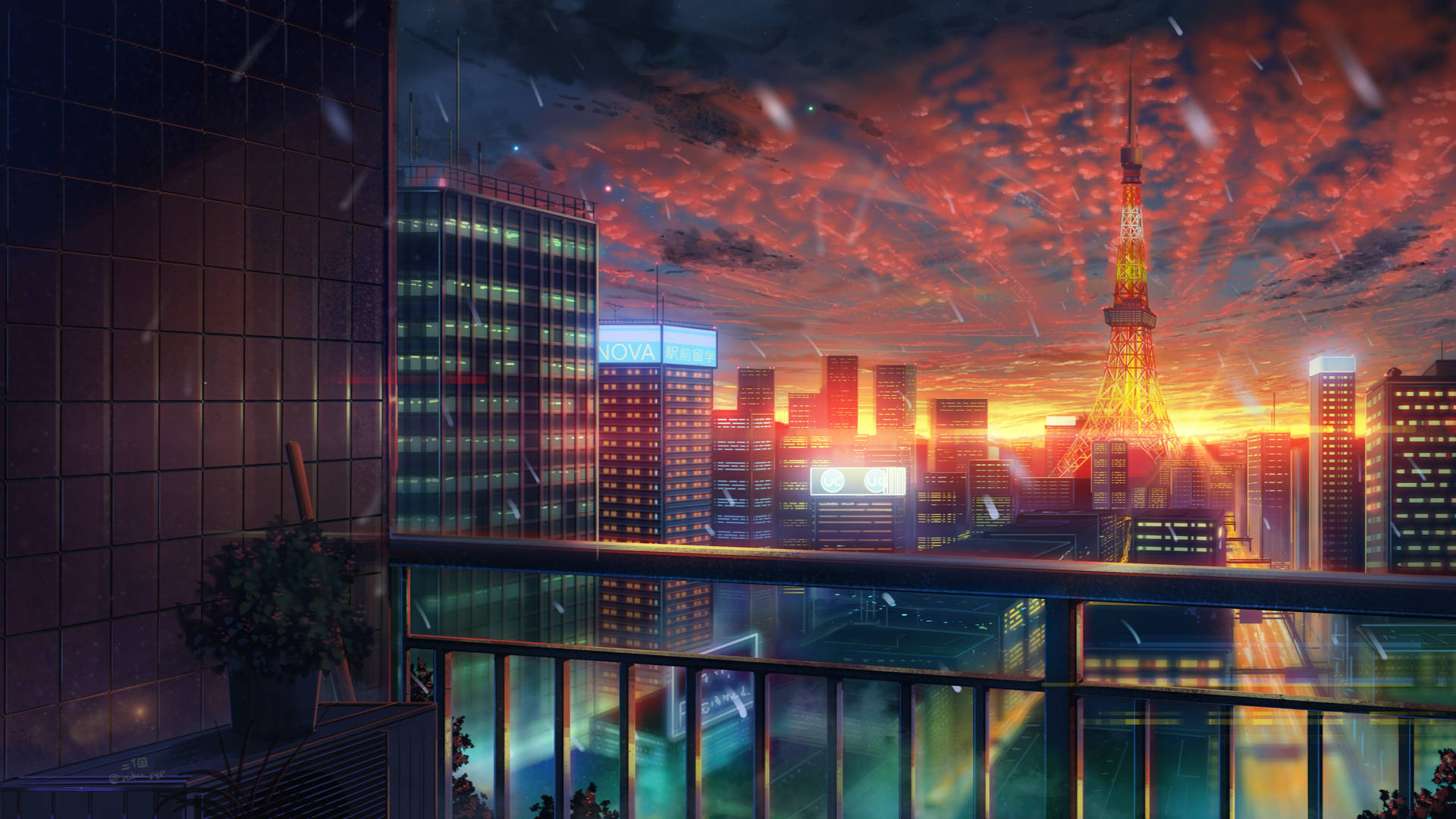 City Buildings Sunset Anime 4k Background