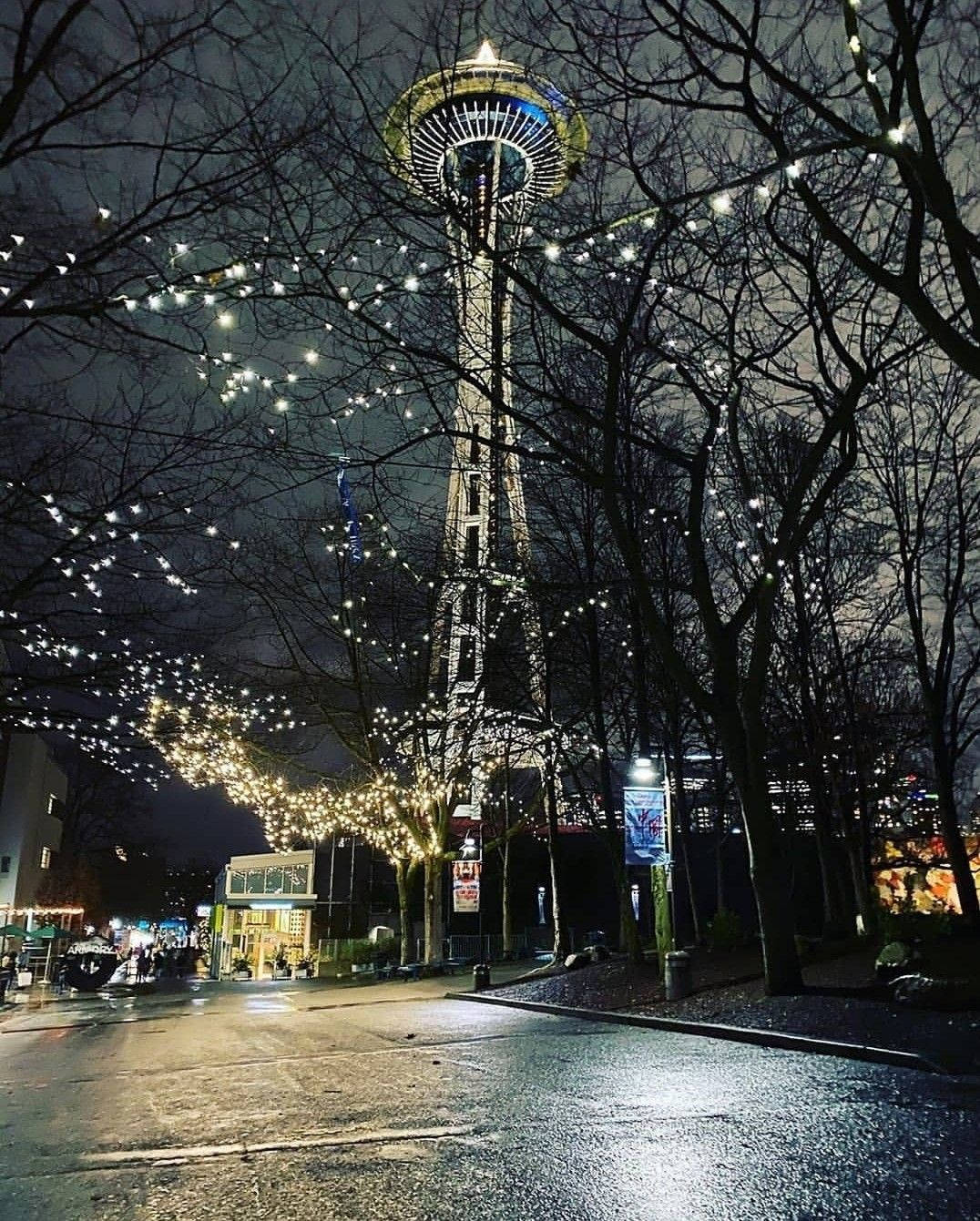 City Christmas Lights Under Seattle Rain Background