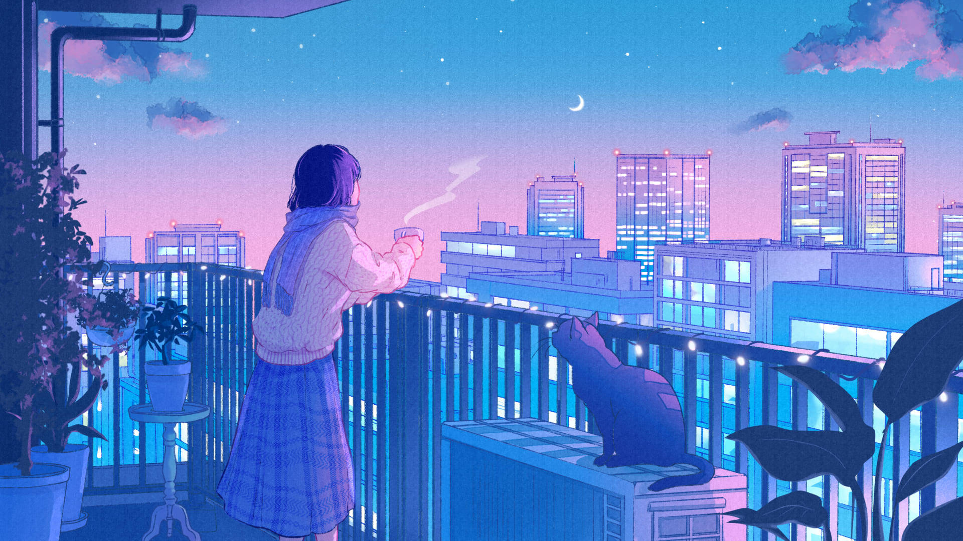 City Lights Anime Cat Background