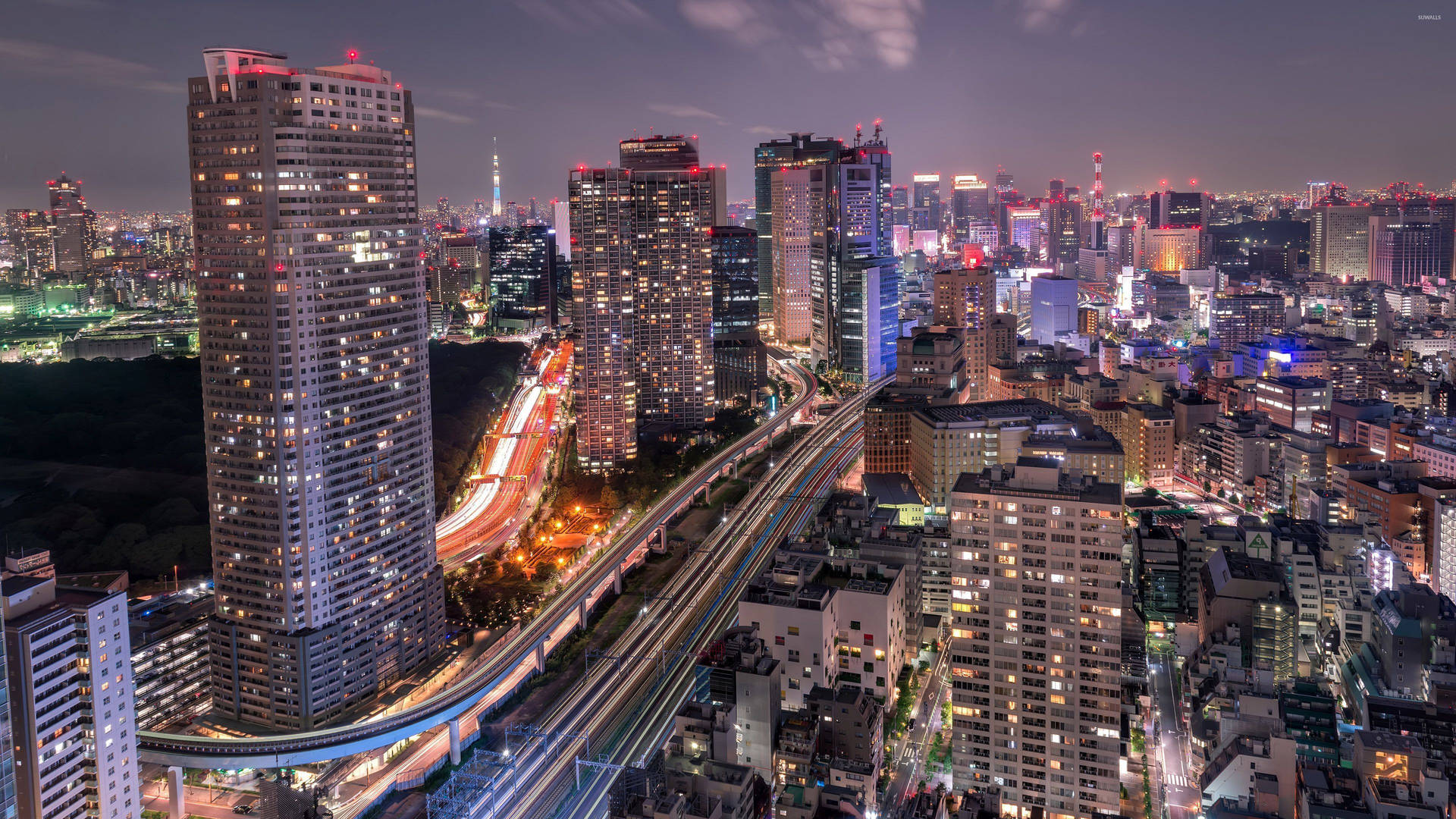 City Lights Illuminate Tokyo's Seaside Observatory At Night Background