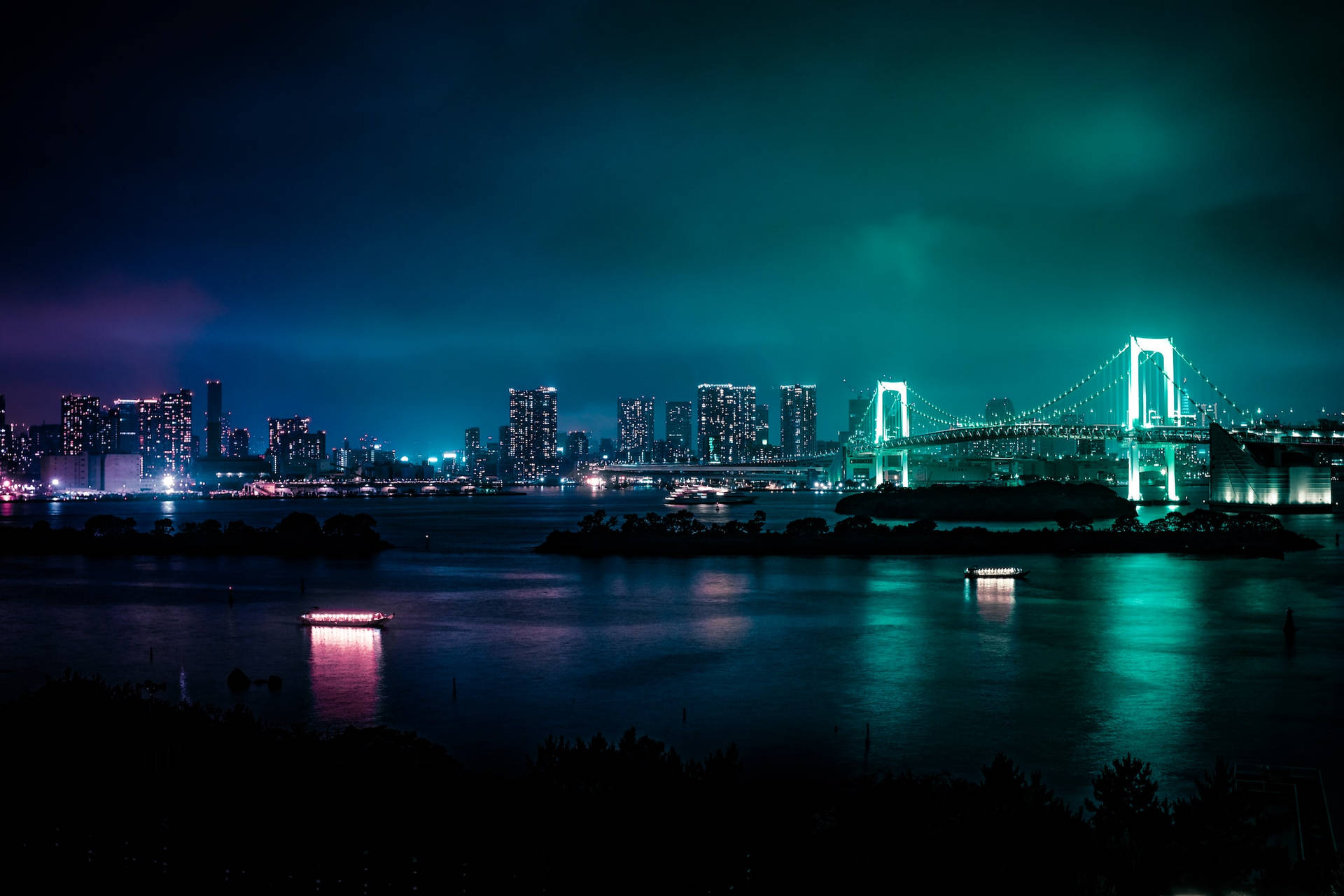 City Night Neon Green Bridge Background