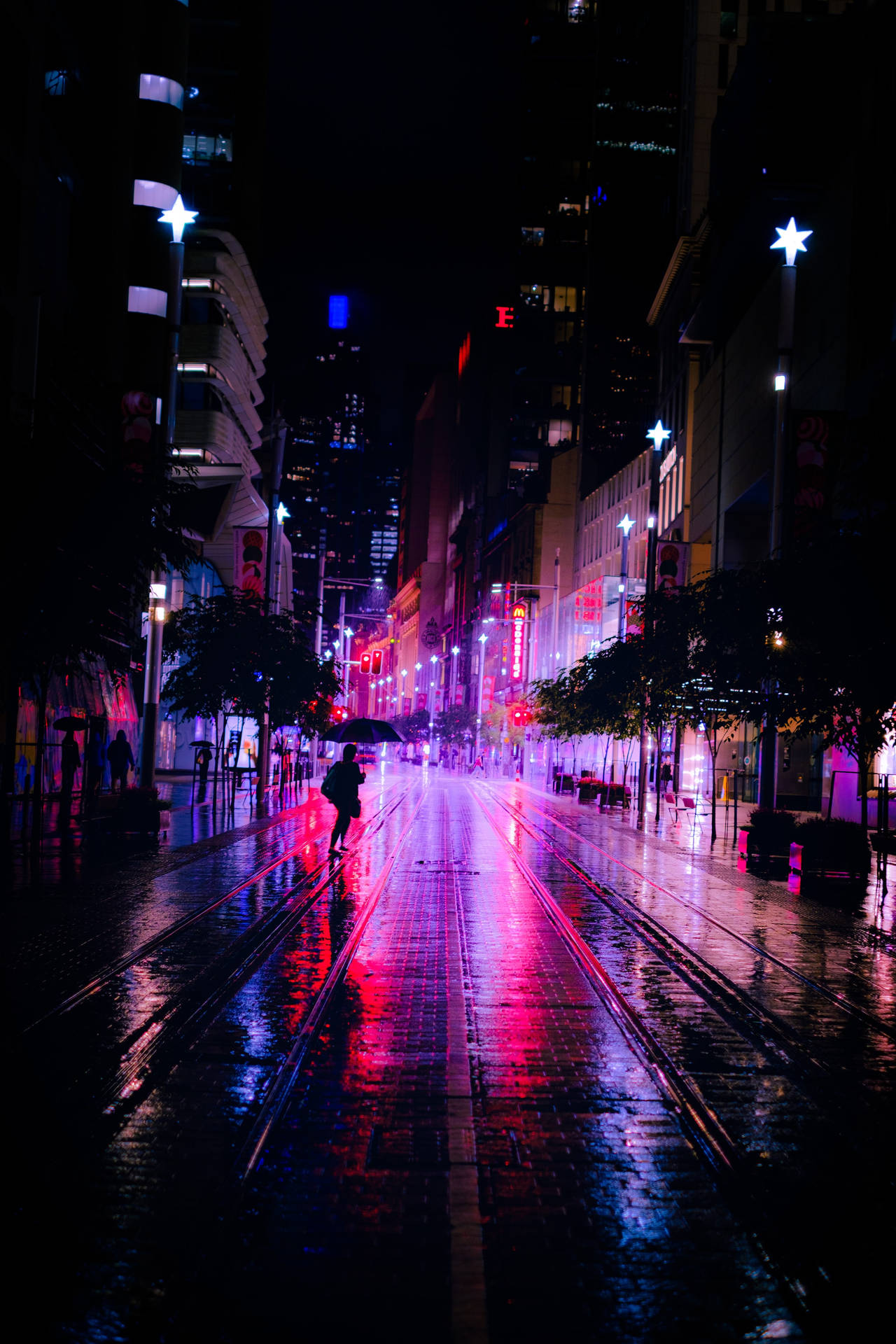 City Night Purple Street Lights Background