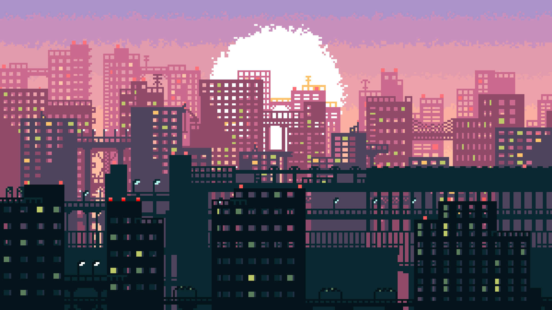 City Pixel Art Sunset Background