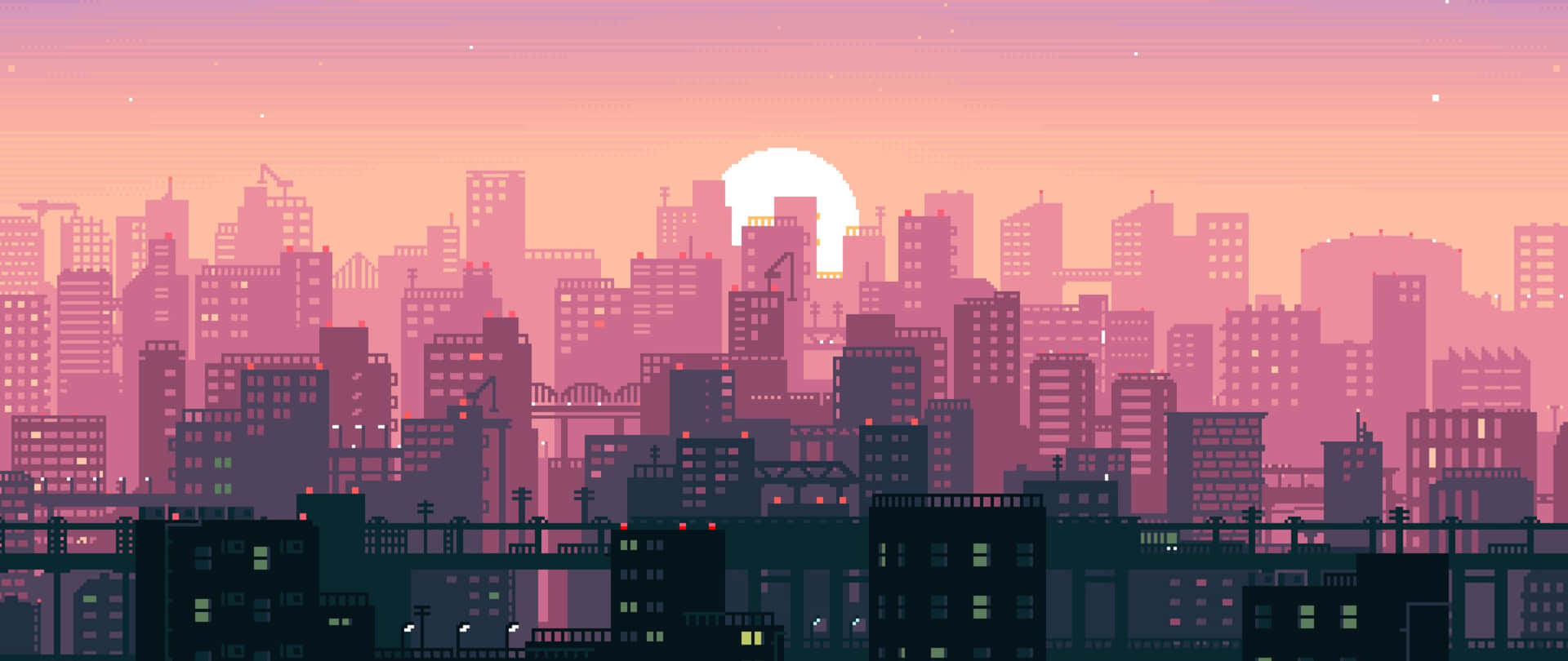 City Sunset Pixel Art 2560x1080 Background