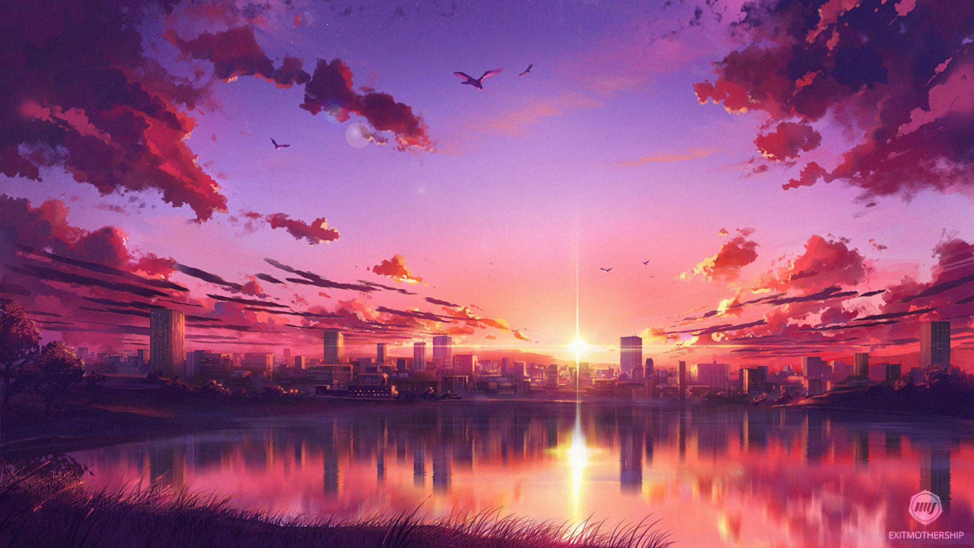 Cityscape Lake Anime Aesthetic Sunset Background