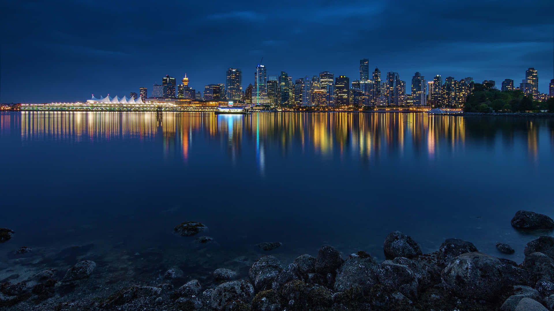 Cityscape Night Reflections Waterfront Background