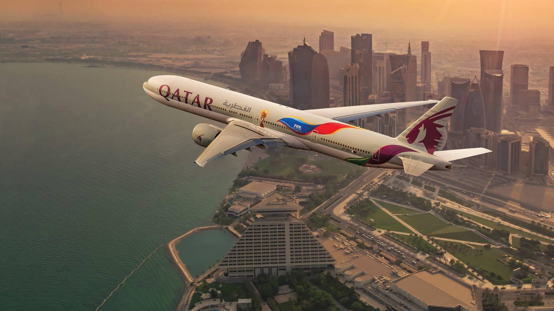 Cityscape Under Qatar Airways Background