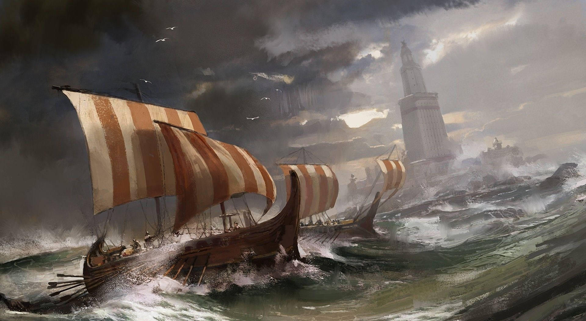 Civilization Boats Strong Waves Background