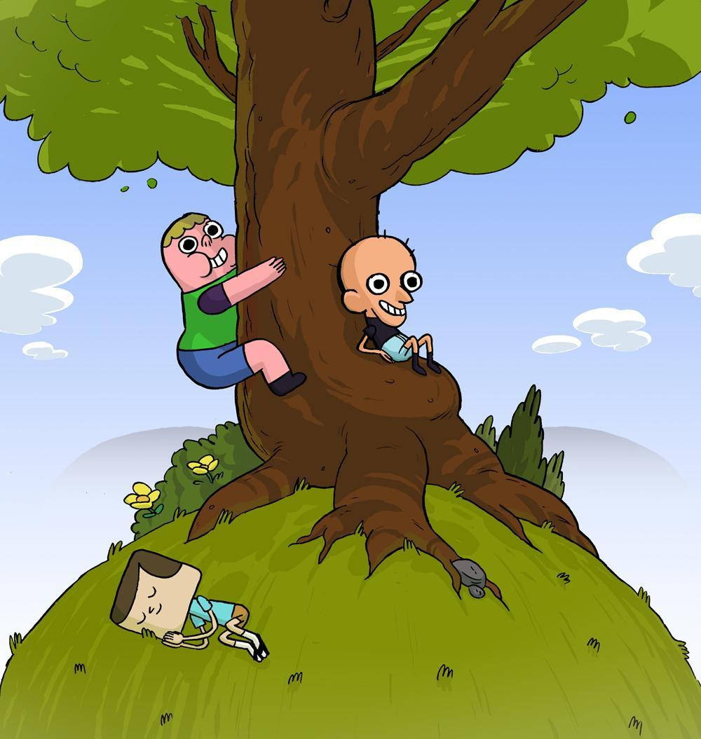 Clarence And Friends Around A Tree Background