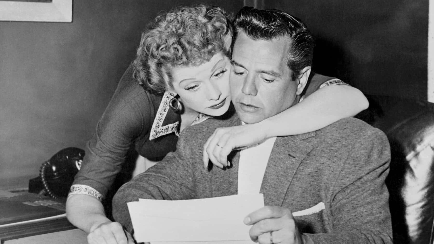 Classic Black-and-white Of Lucille Ball And Desi Arnaz In 
