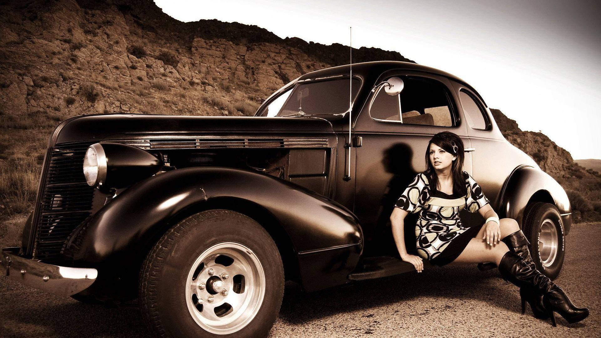 Classic Car And A Woman Background
