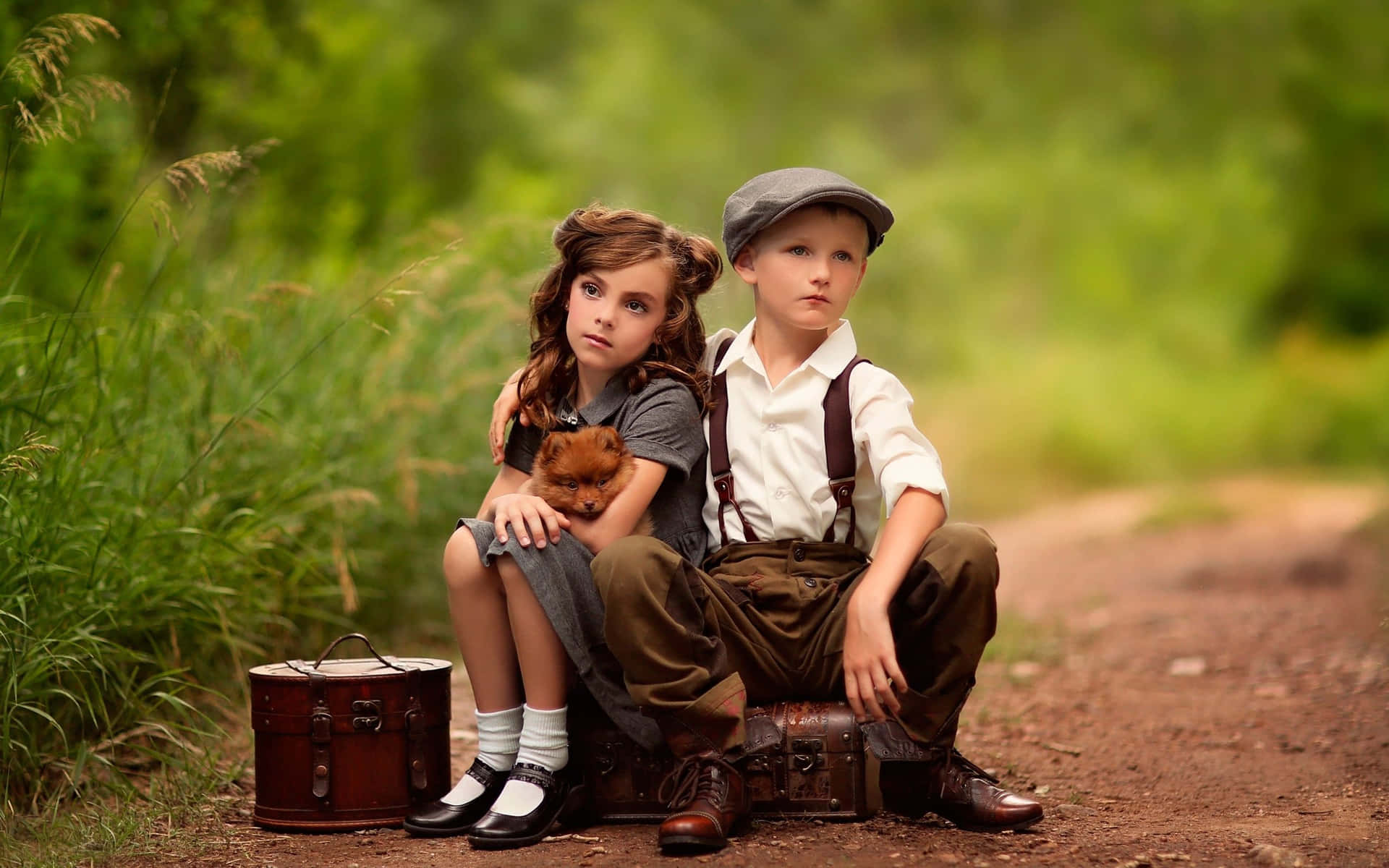 Classic Cute Baby Couple With Puppy Background