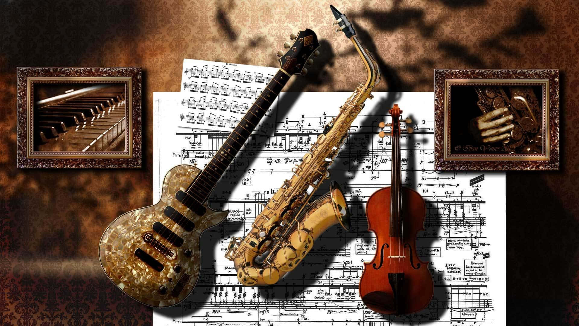 Classic Musical Instrument With Music Sheet Background