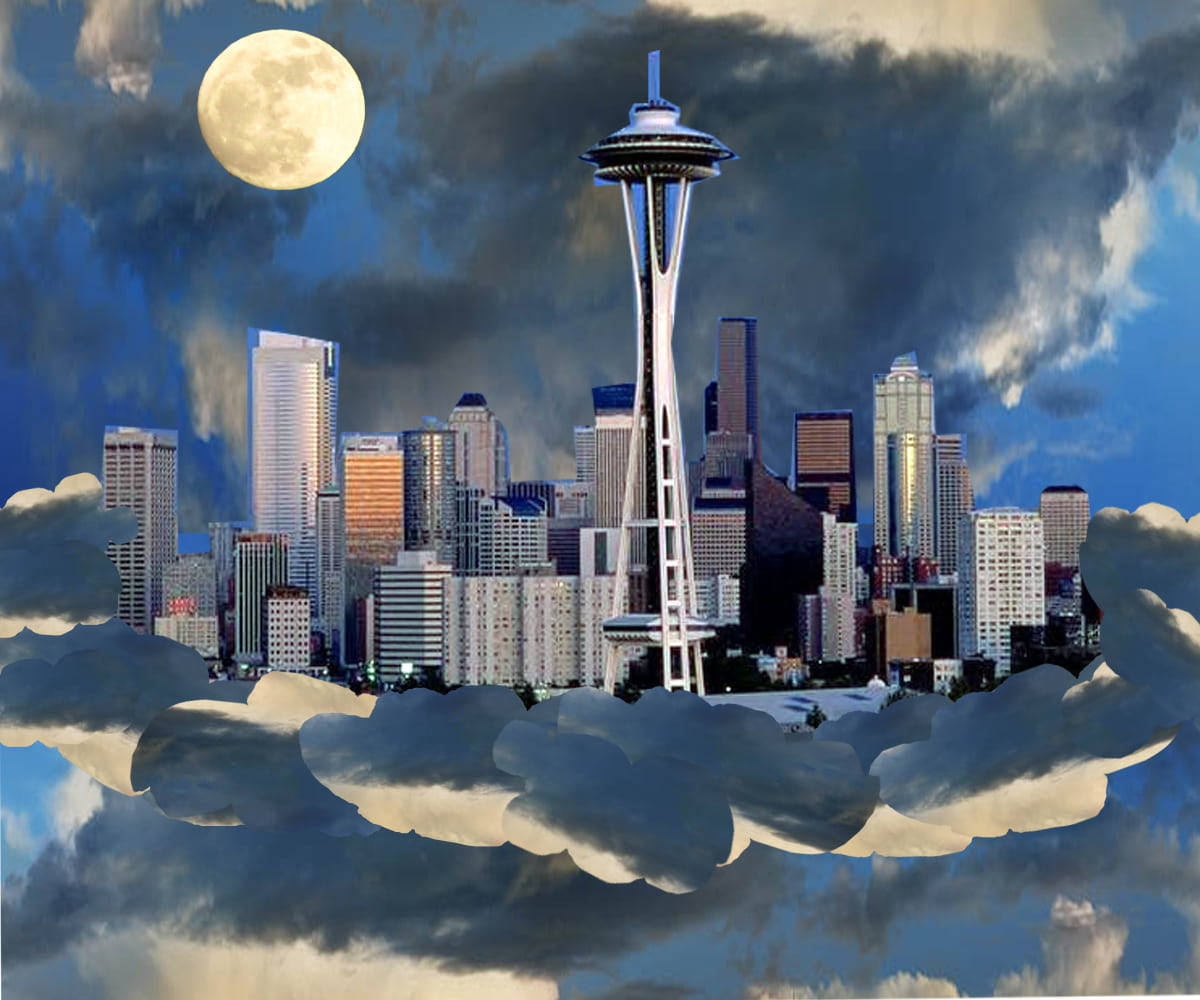 Classic Seattle Rain - Skyline Underneath The Umbrella Of Clouds Background