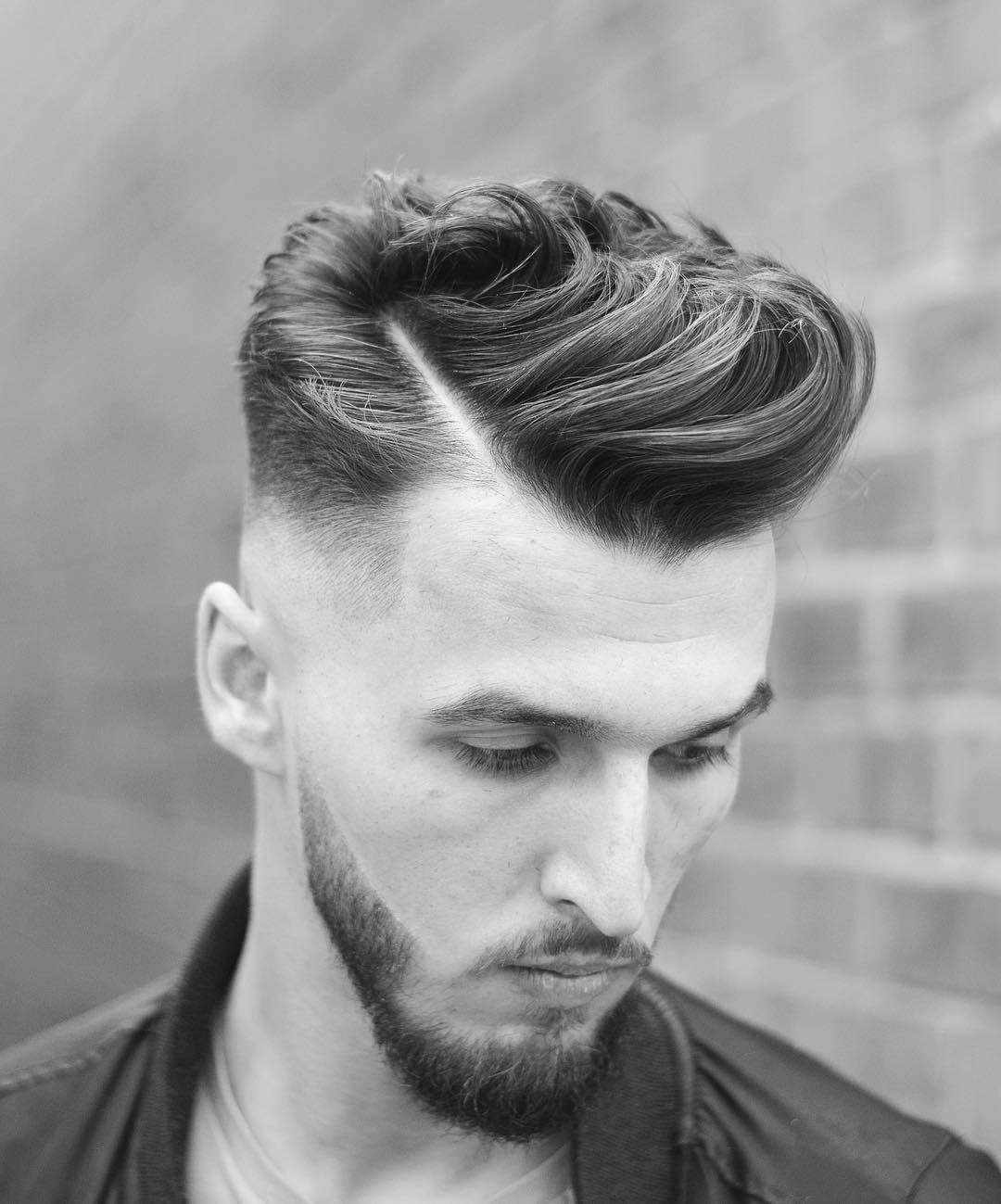 Classic Side Part Men's Hairstyle In Black And White Background