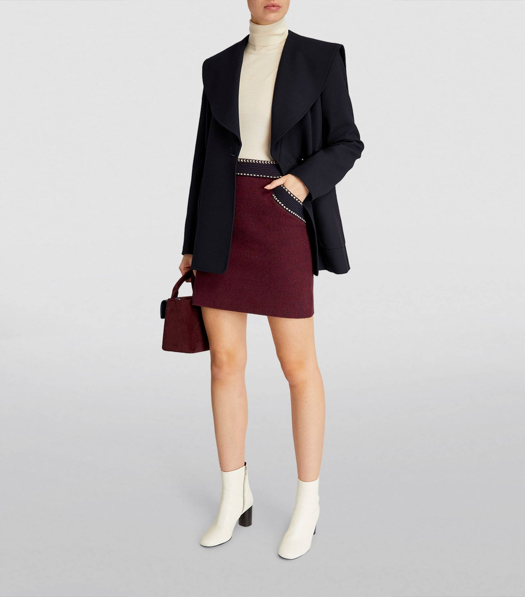 Claudie Pierlot Black Blazer Maroon Skirt Background