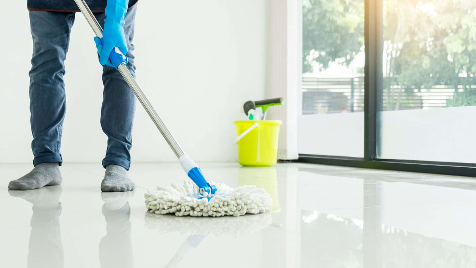 Cleaning Mop White Tile Floor Background