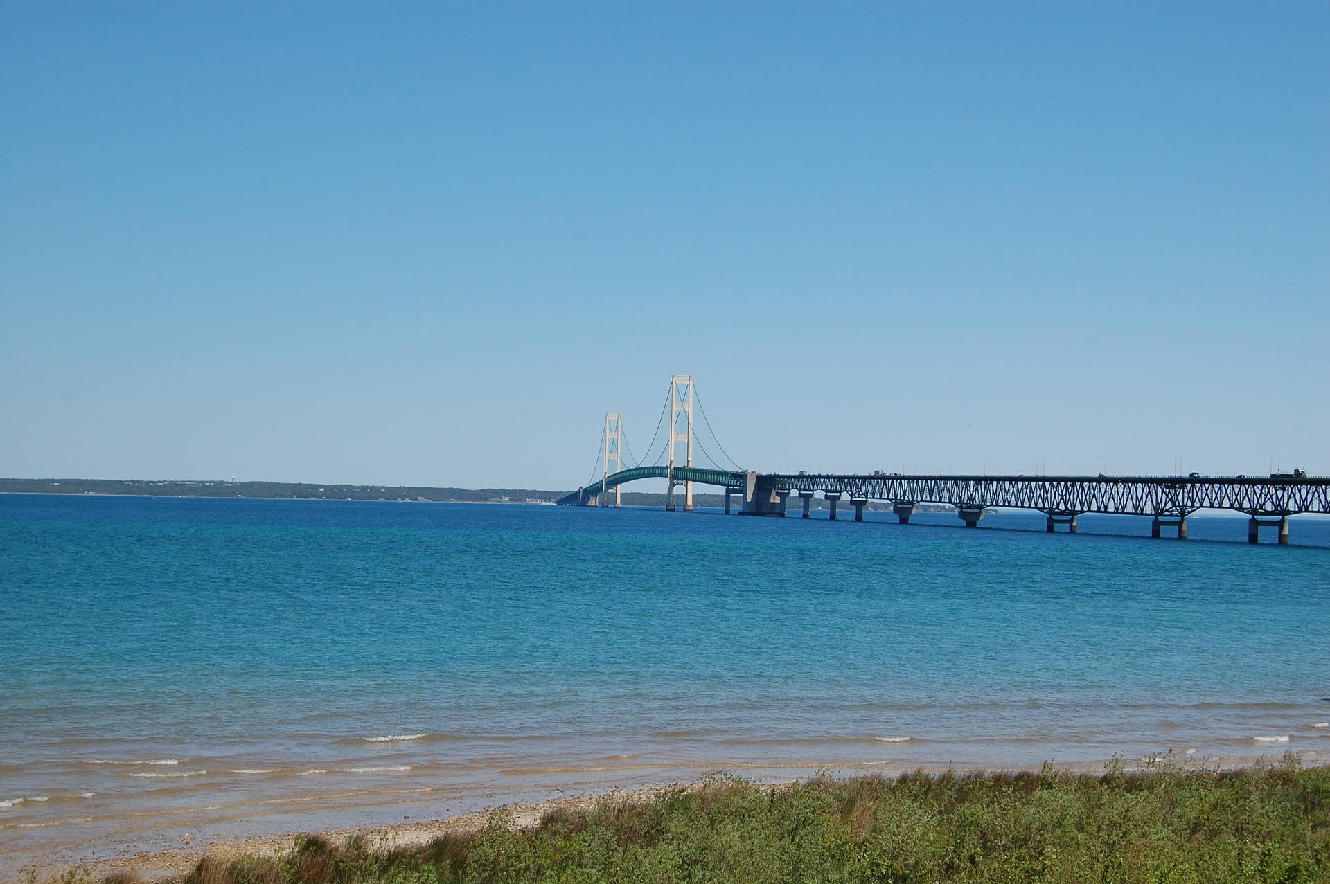 Clear Blue Sky Over Mackinac Bridge Background