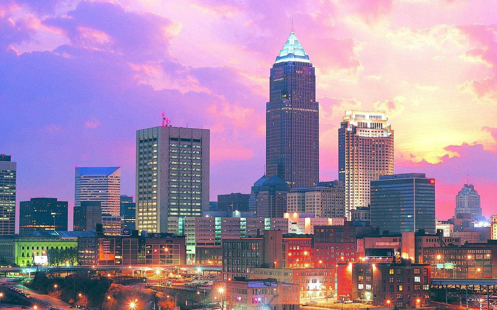 Cleveland Downtown Pink Sky Background