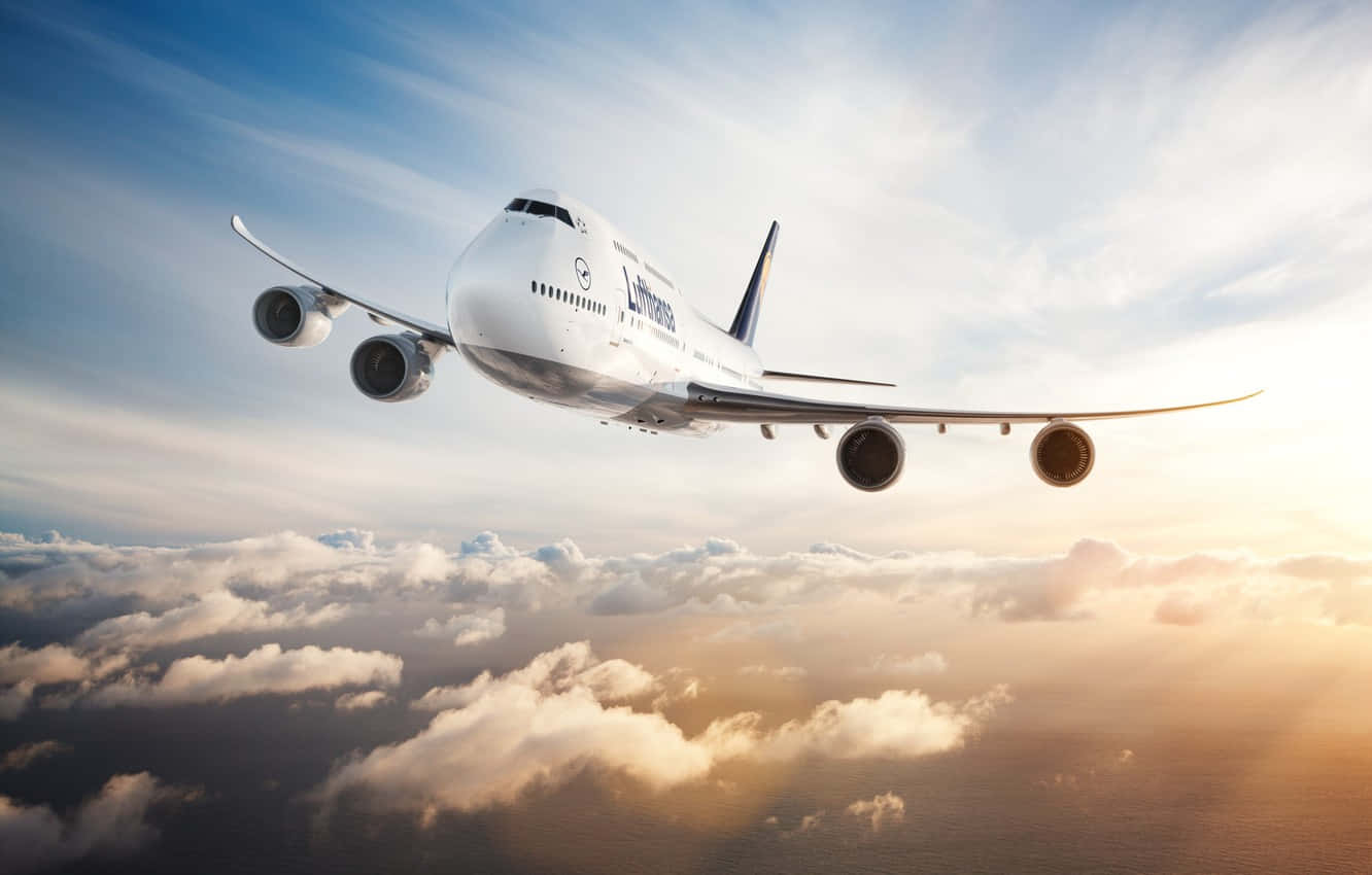 Climb Into The Sky With A 747 Airplane Background