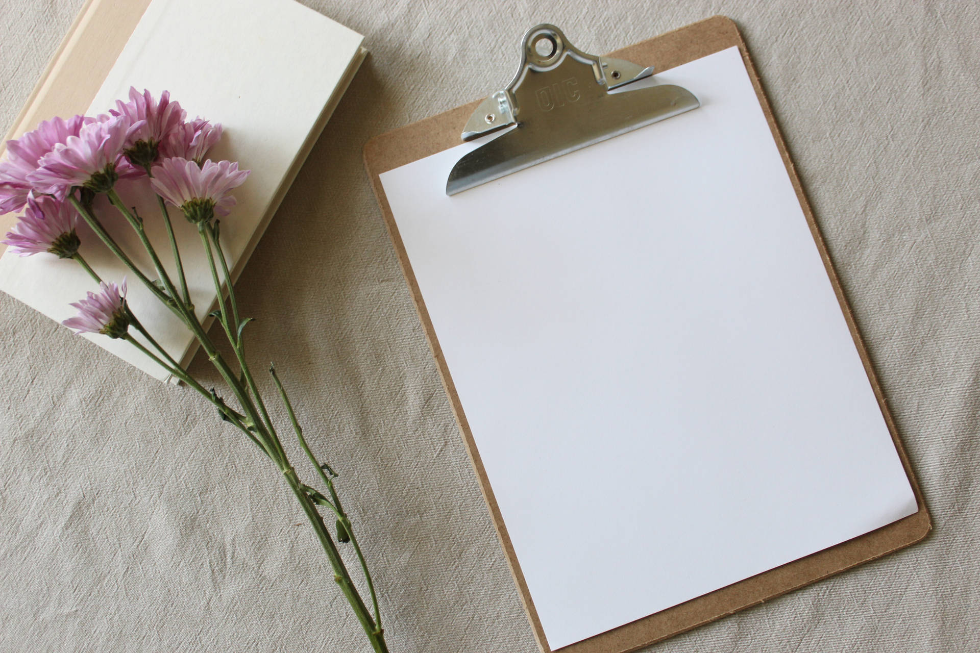 Clipboard And Flowers On Wooden Background