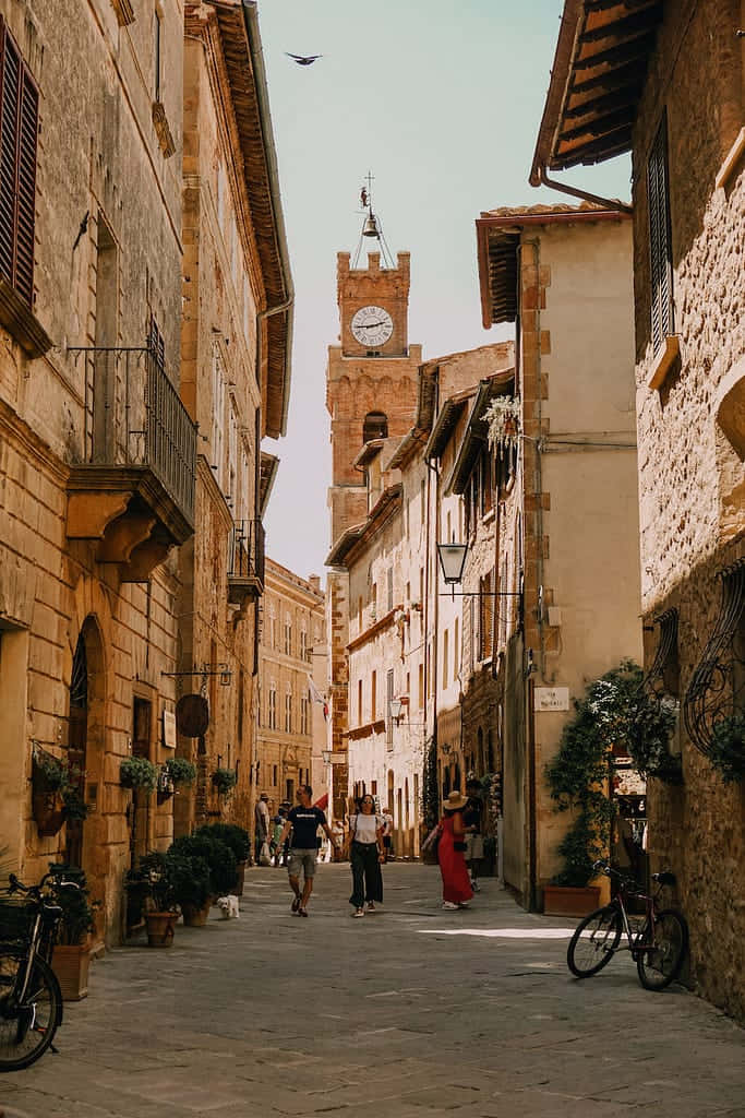 Clock Tower And Pienza Main Street Italy