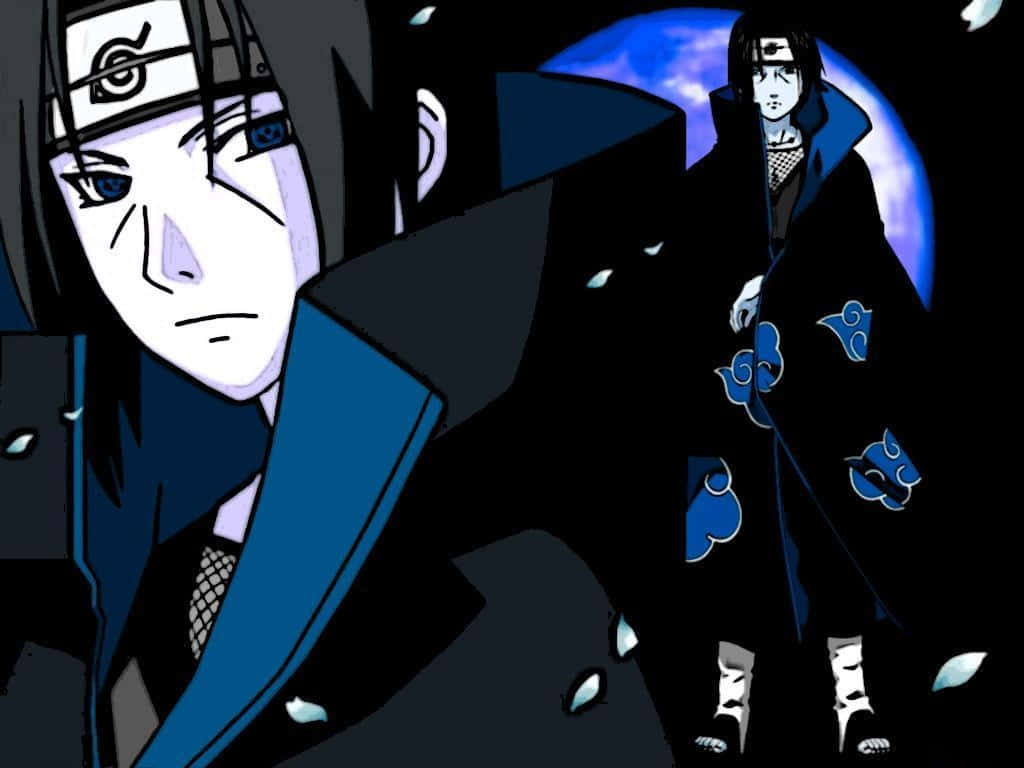 Close Up And Standing Itachi Aesthetic With Blue Sharingan Eyes And Akatsuki Cloud Robe Background