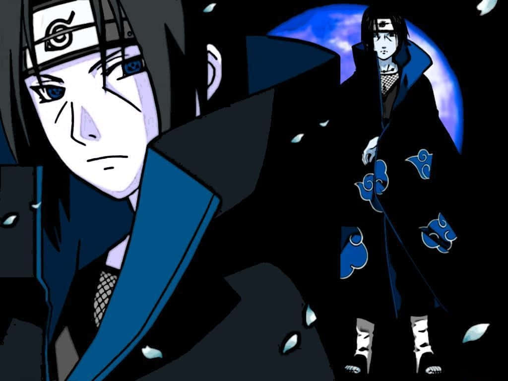 Close Up And Standing Itachi Aesthetic With Blue Sharingan Eyes And Akatsuki Cloud Robe