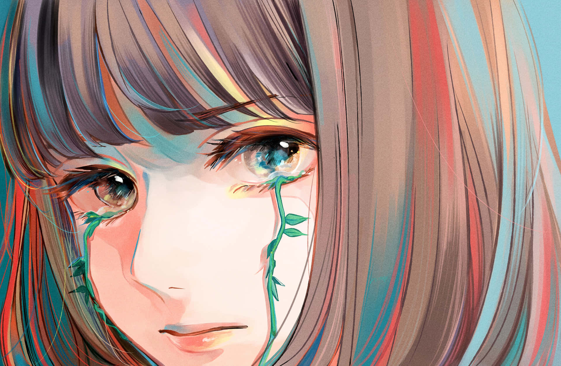 Close Up Anime Girl Tearful Eyes Background