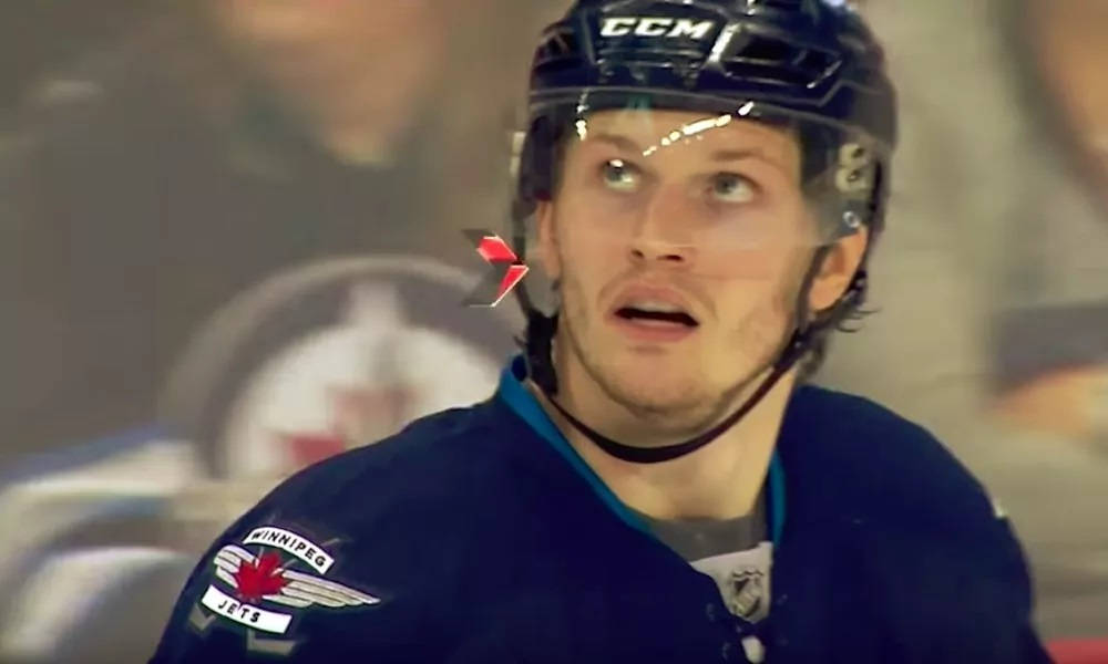 Close Up Look Of Jacob Trouba Looking Up To The Right With Mouth Open Background