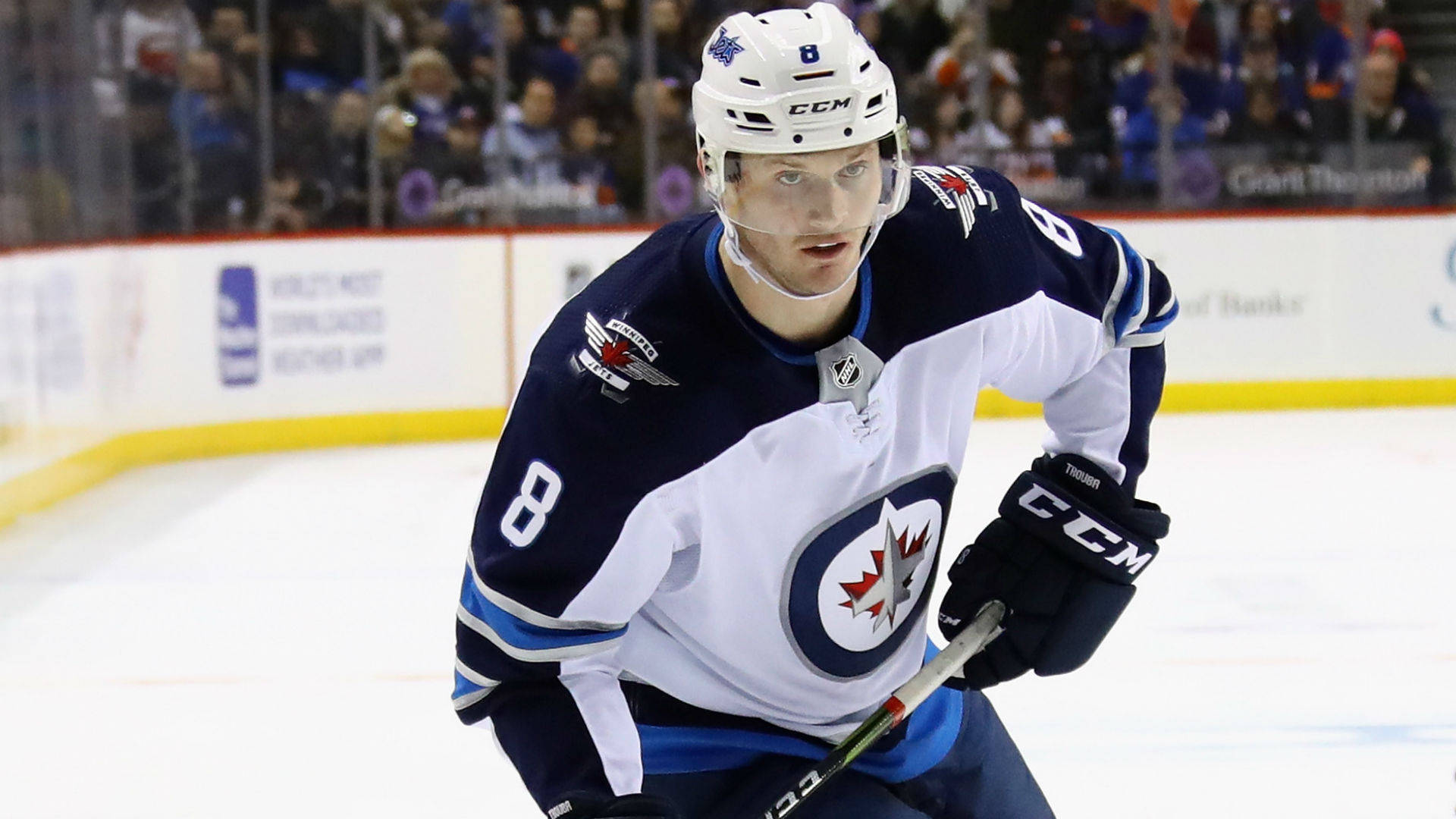 Close Up Look Of Jacob Trouba With Mouth Open During Game Background