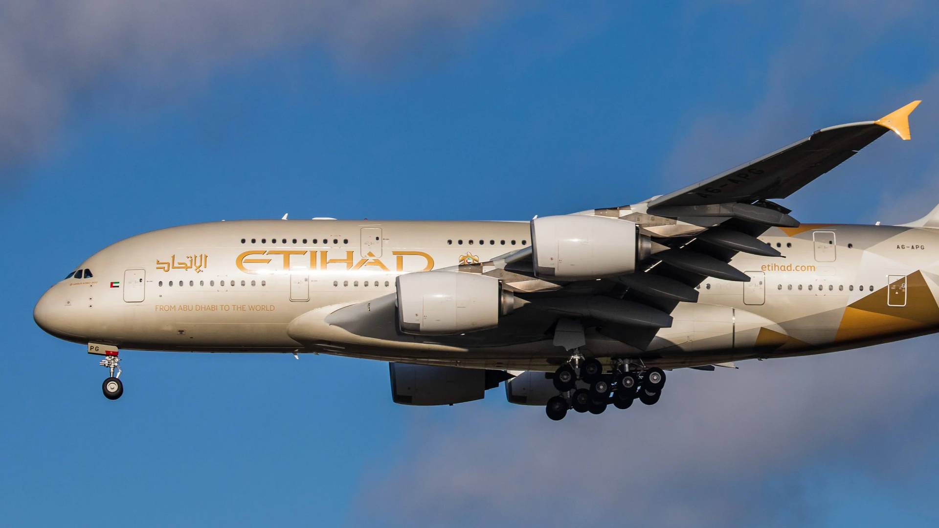 Close Up Shot Of Etihad Flying Plane Background