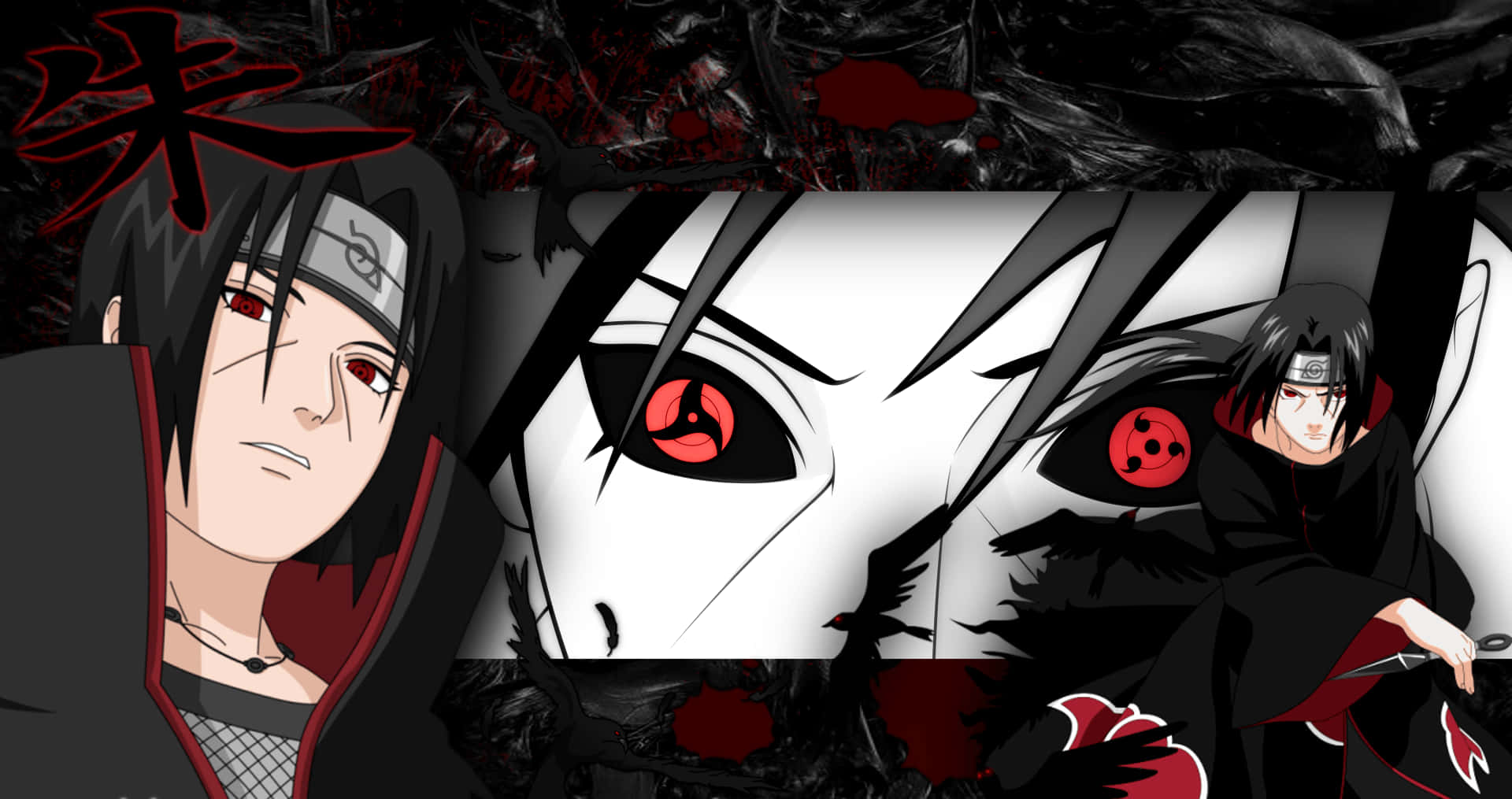 Close Up View Of Itachi Aesthetic Sharingan Eyes With Black Crows Background